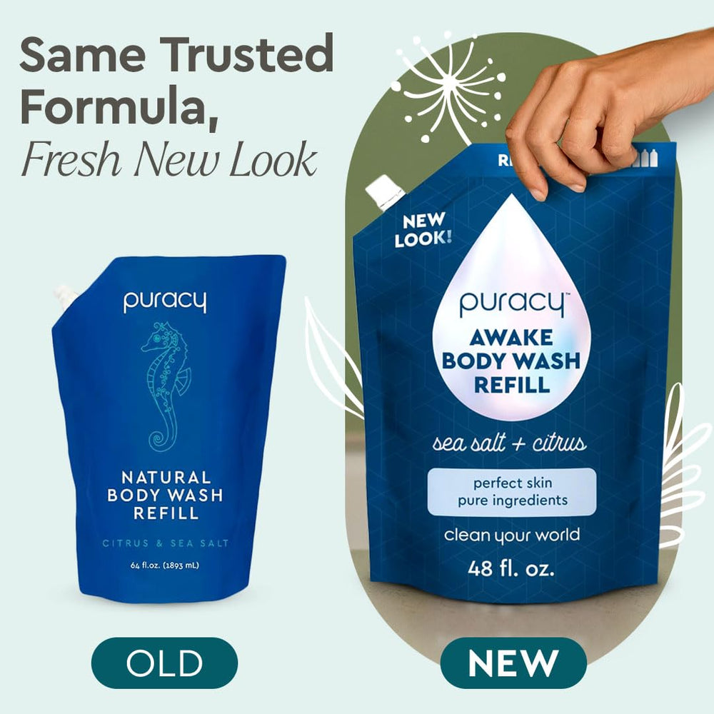Puracy body wash refill pour-action demonstrating easy refilling and quick lather.