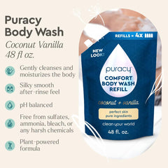 Puracy Body Wash Refill ingredients close-up showing plant-powered care