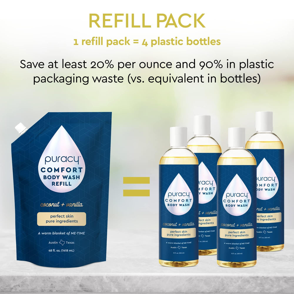 Puracy coconut-vanilla scent on bottle emphasizes calming aroma for daily showers.