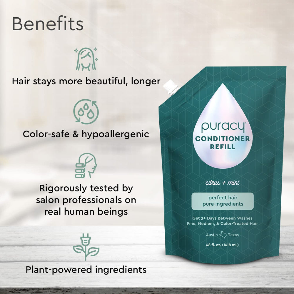 Close-up of Puracy conditioner bottle label highlighting plant-based formula.