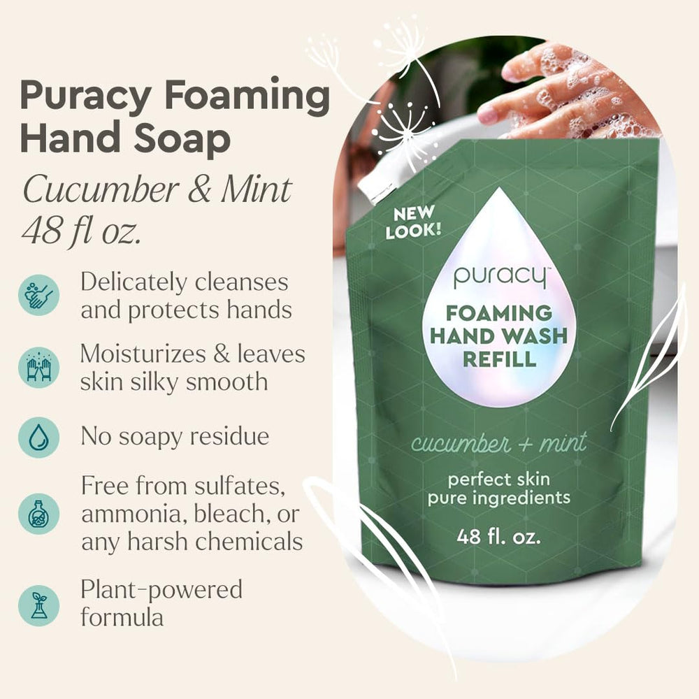 Puracy foaming hand soap bottle closeup highlights creamy foam and skin-friendly moisturizers.