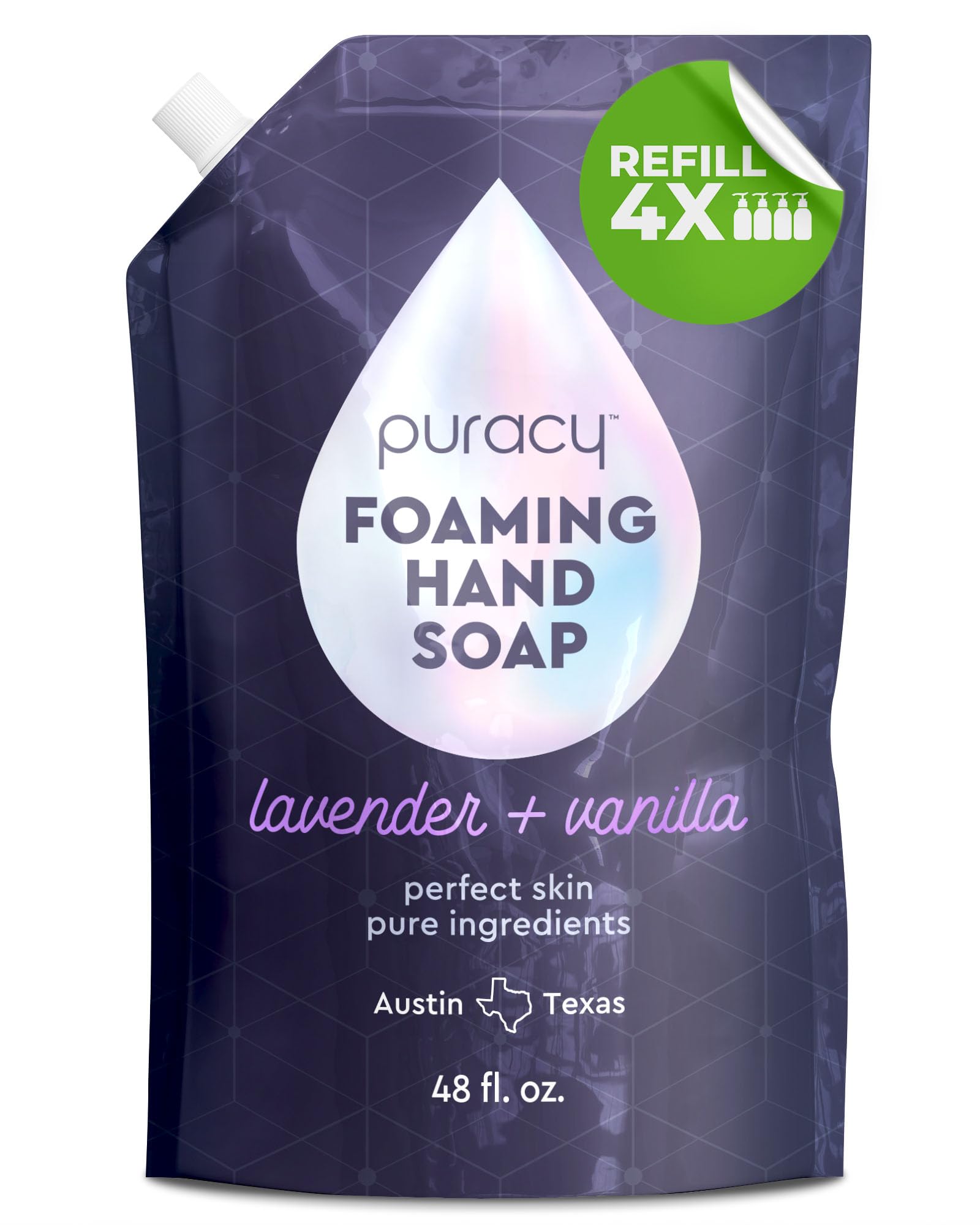 Puracy foaming hand soap refill bottle with lavender-vanilla foam for gentle cleansing.