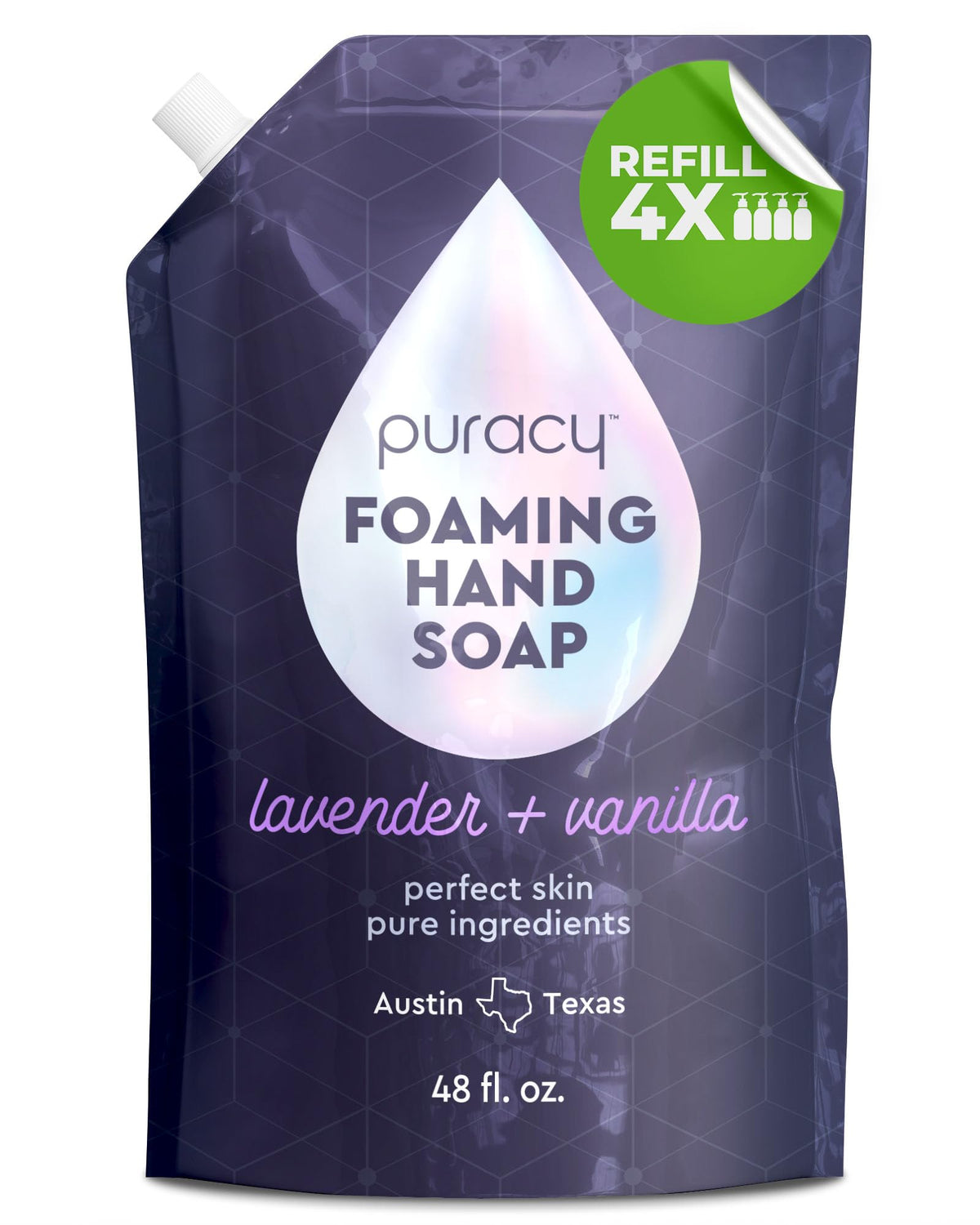 Puracy foaming hand soap refill bottle with lavender-vanilla foam for gentle cleansing.