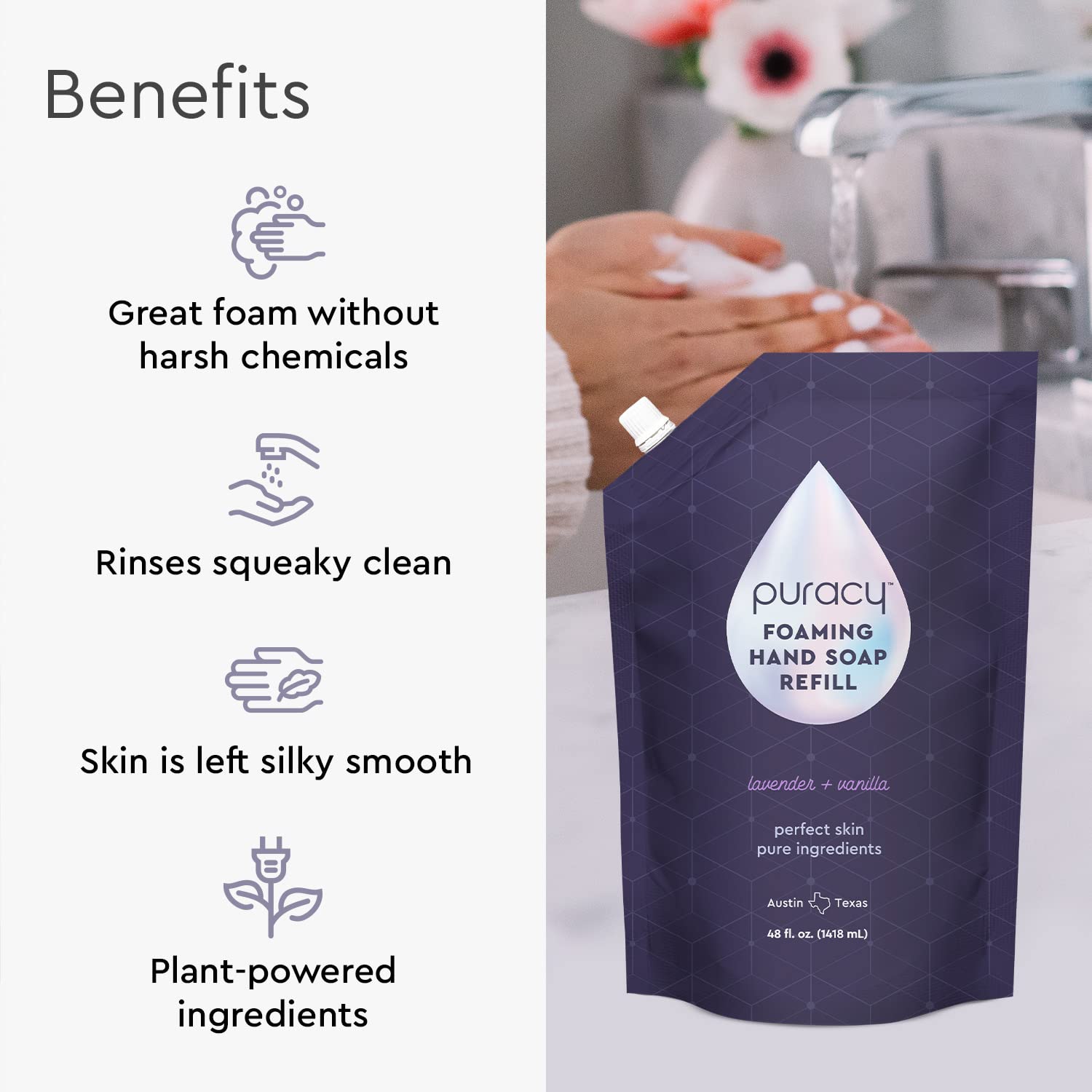 Puracy foaming hand soap refill label showing certifications and ingredients for transparency.