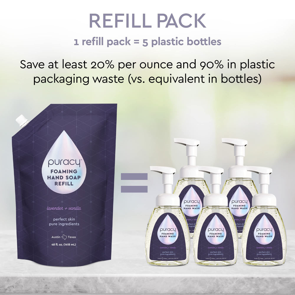 Puracy lavender-vanilla scent bubbles evoke calming aromatics during handwashing.