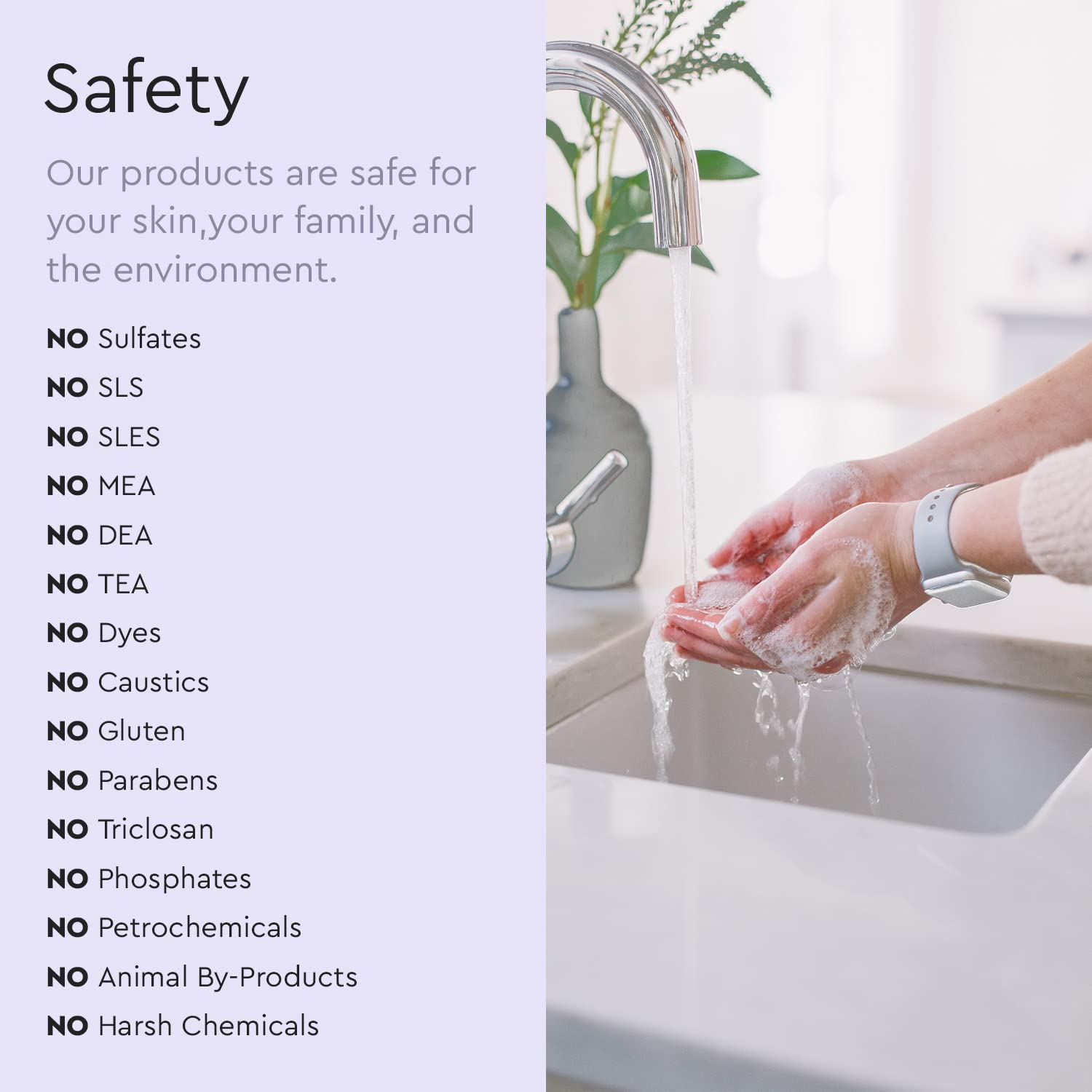 Puracy iconography highlights no sulfates or harsh chemicals for skin-friendly cleansing.