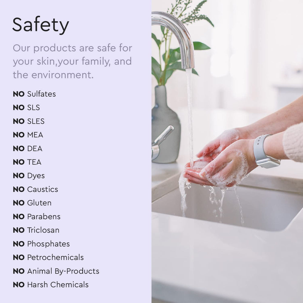 Puracy iconography highlights no sulfates or harsh chemicals for skin-friendly cleansing.