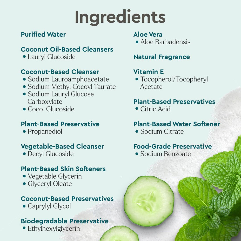 Puracy vitamin-e-aloe formula closeup emphasizes skin-conditioning ingredients during daily handwashing.