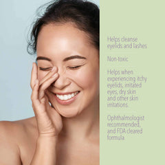 Puracyn Eyelid and Lash Care spray application shown for daily hygiene.