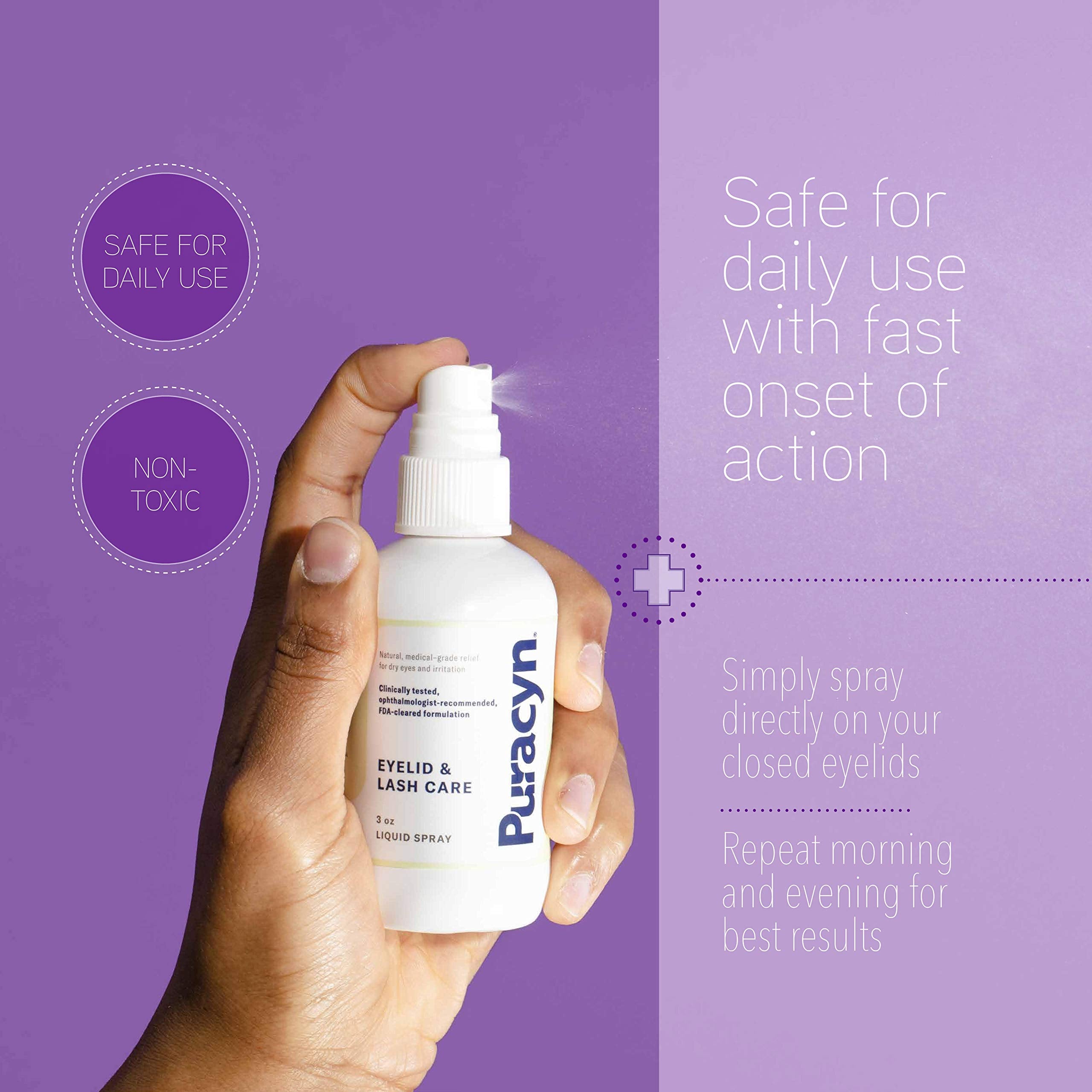 Puracyn Eyelid and Lash Care usage scene demonstrates quick application.