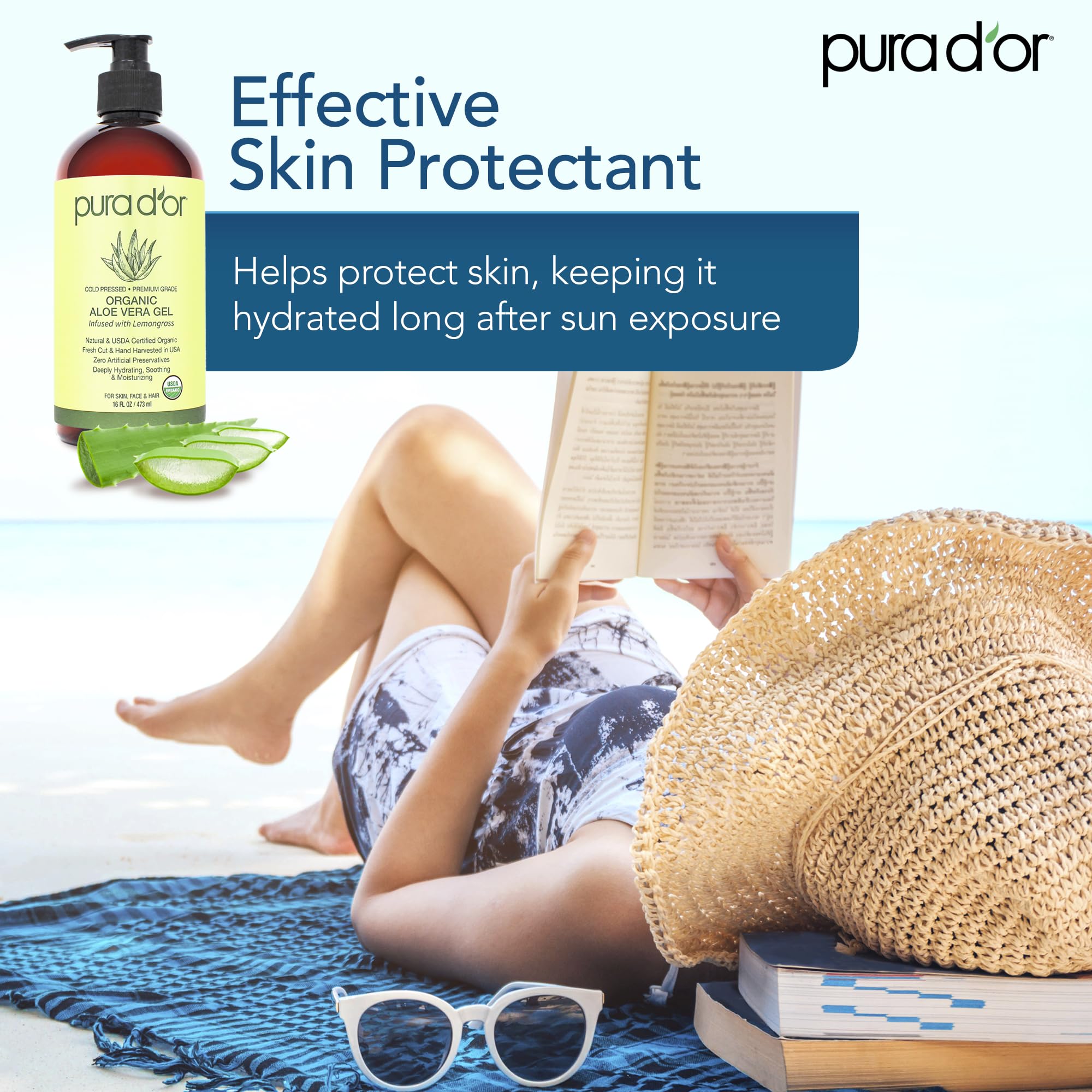 PURA D'OR After-sun gel calms skin after outdoor exposure.