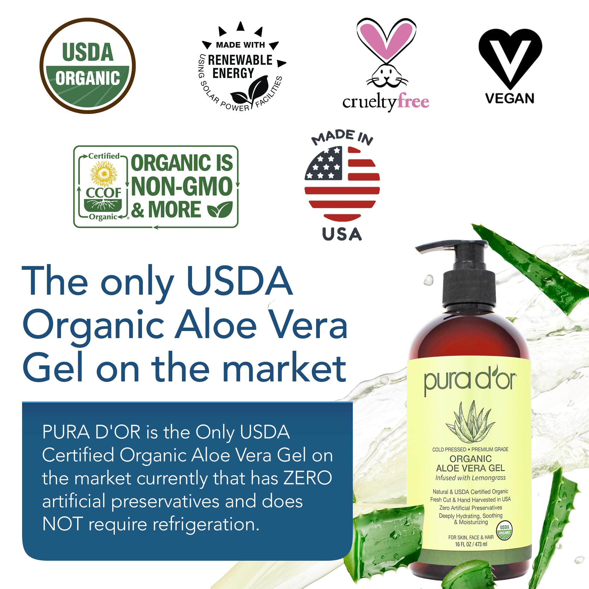 PURA D'OR Aloe Vera Gel lemongrass label, fresh scent for daily soothing.