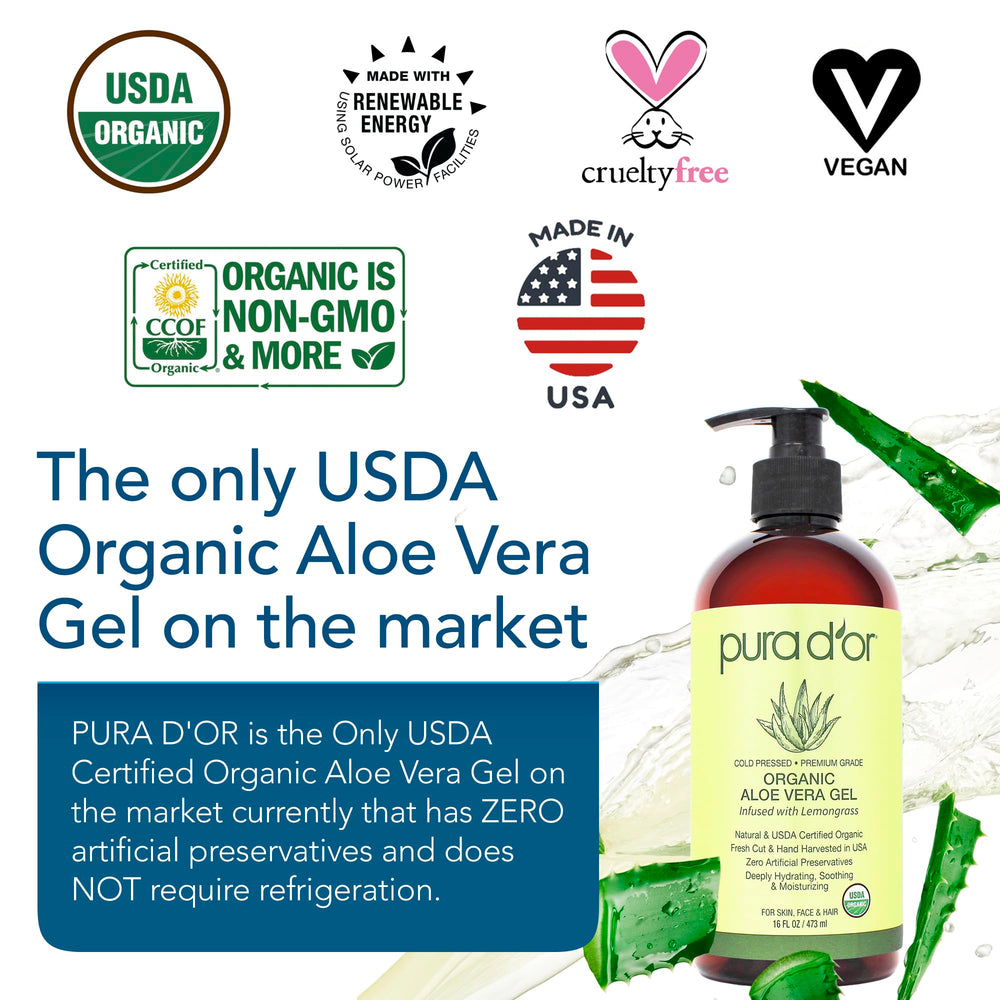 PURA D'OR Aloe Vera Gel lemongrass label, fresh scent for daily soothing.