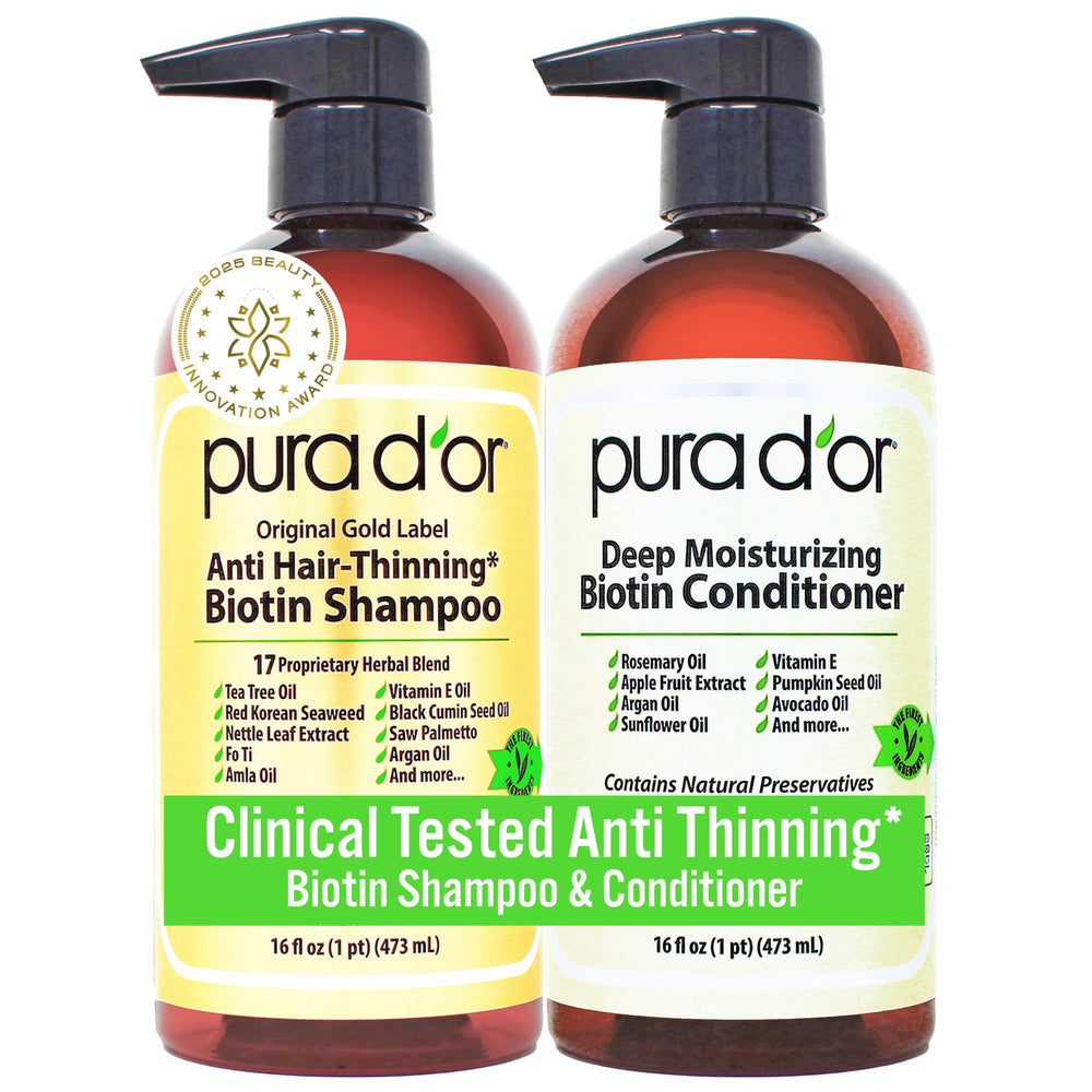 PURA D'OR Anti-Thinning Shampoo bottle highlights volume potential and premium care