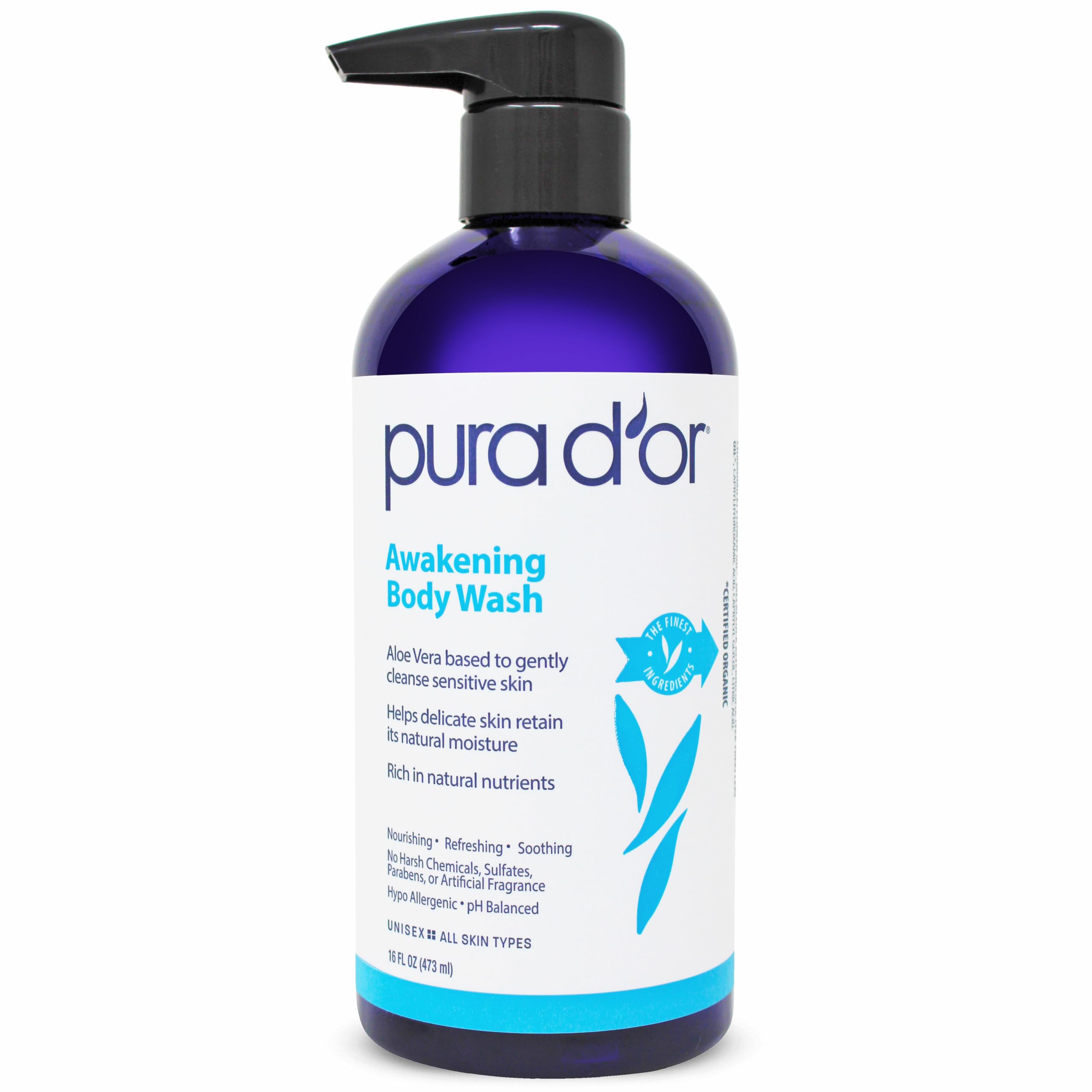 PURA D'OR Awakening Body Wash bottle for daily cleansing and hydration.