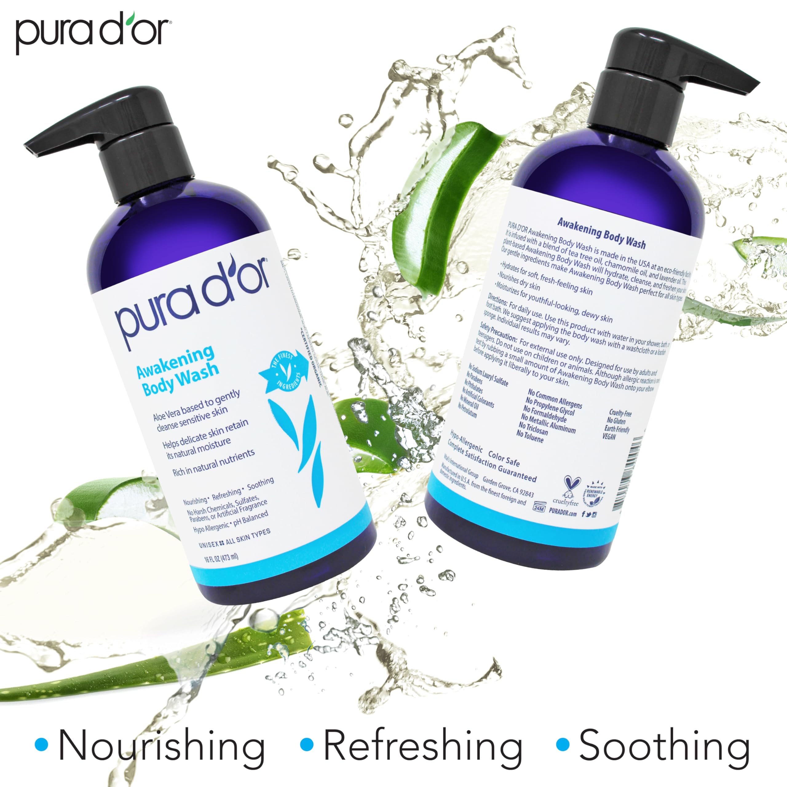 PURA D'OR Awakening Body Wash morning routine scene emphasizes quick refresh.