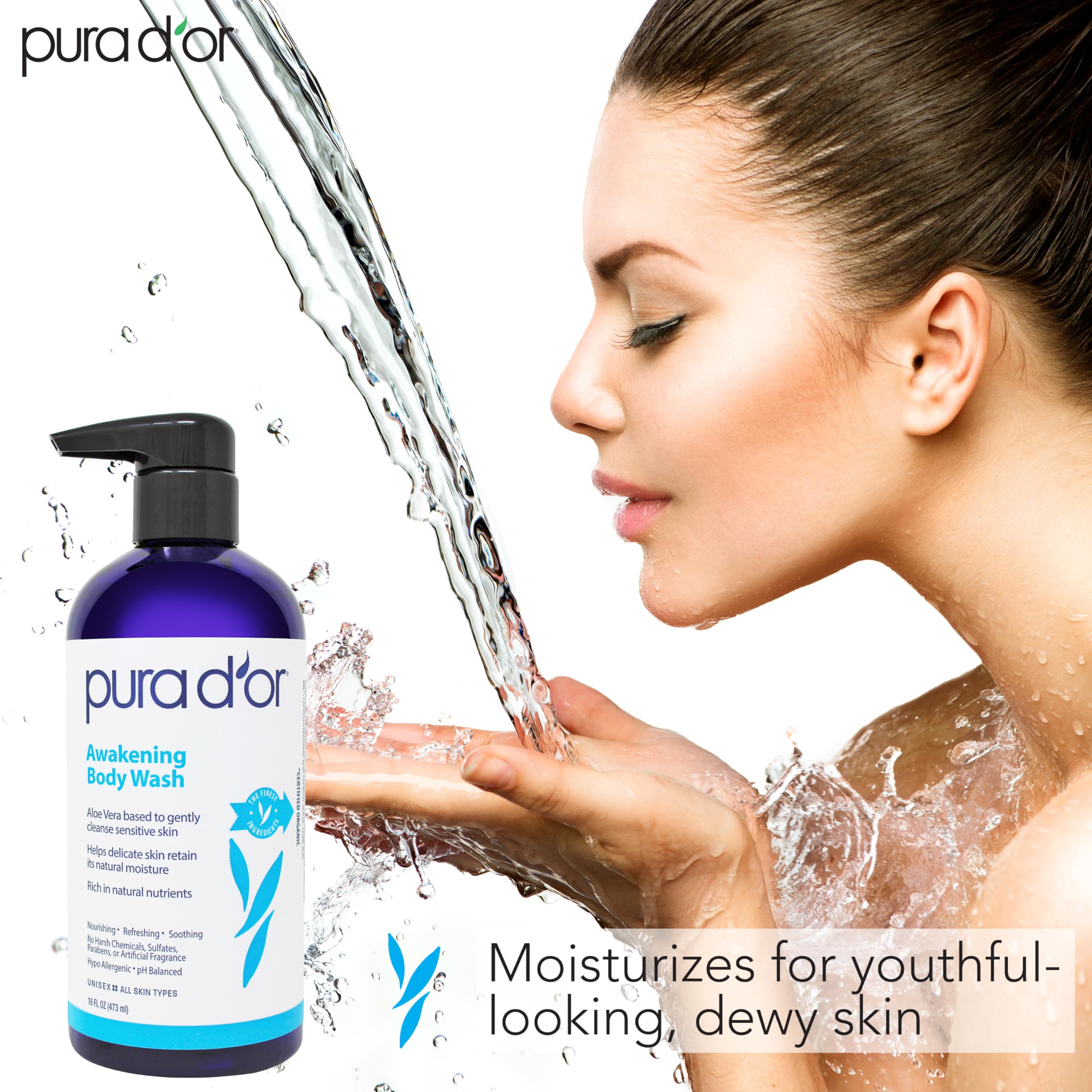 PURA D'OR Awakening Body Wash organic oils collection on a tray illustrates nourishing routine.