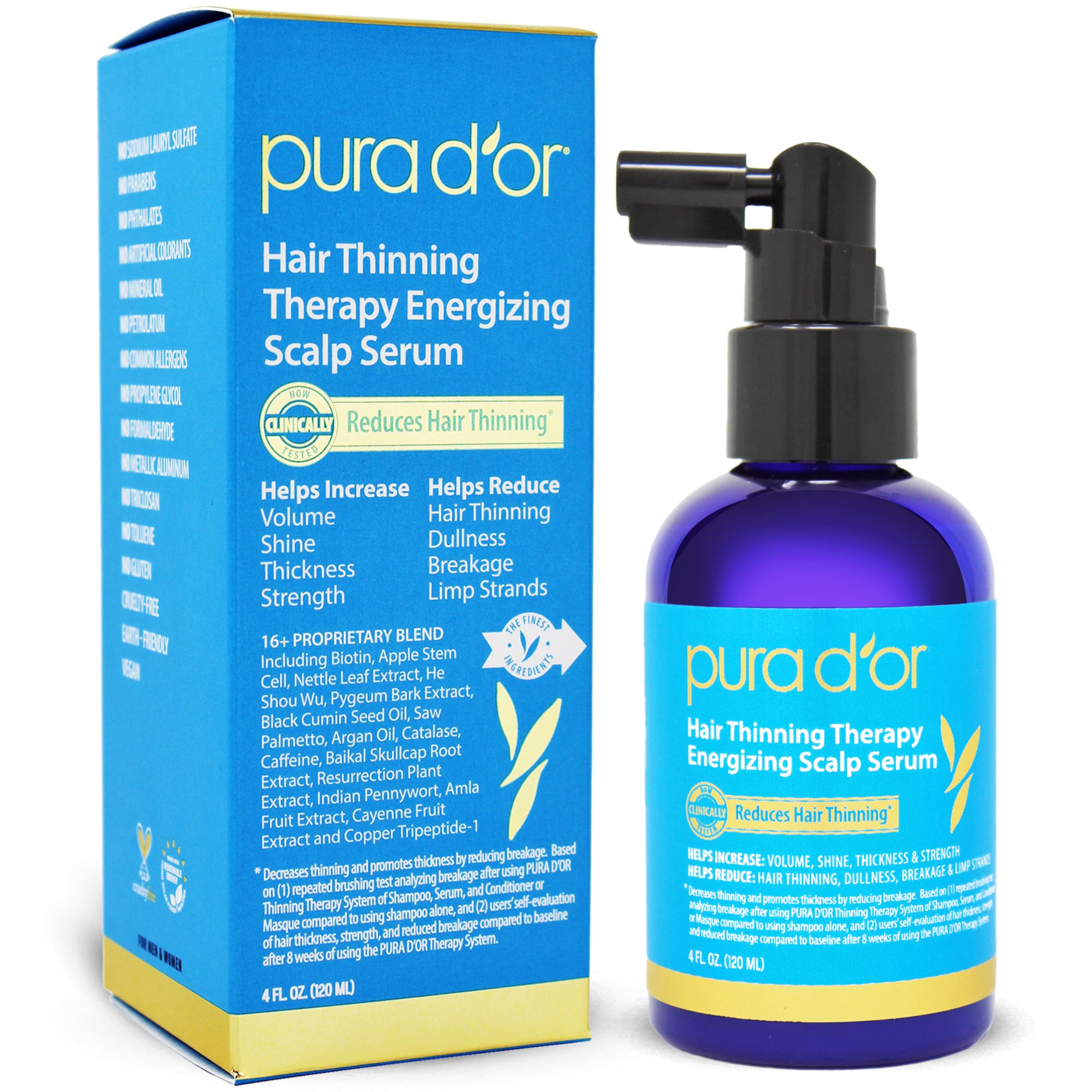 PURA D'OR hair thinning therapy serum bottle ready for daily scalp nourishment and smoother hair.