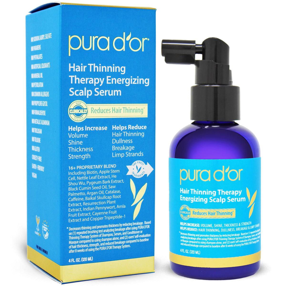 PURA D'OR hair thinning therapy serum bottle ready for daily scalp nourishment and smoother hair.