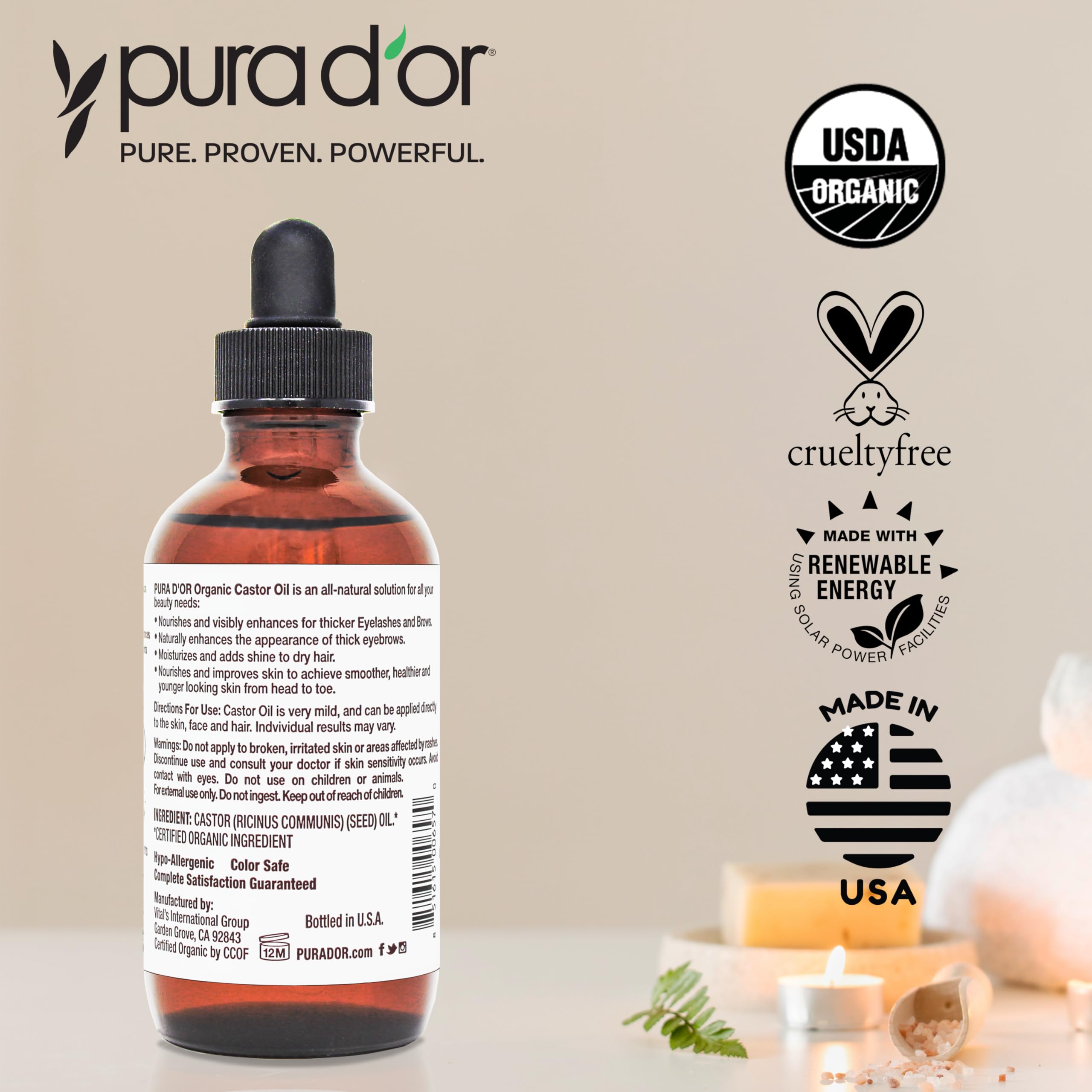 PURA D'OR Castor Oil bottle ready for quick daily application ritual.