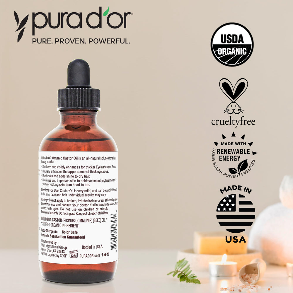 PURA D'OR Castor Oil bottle ready for quick daily application ritual.