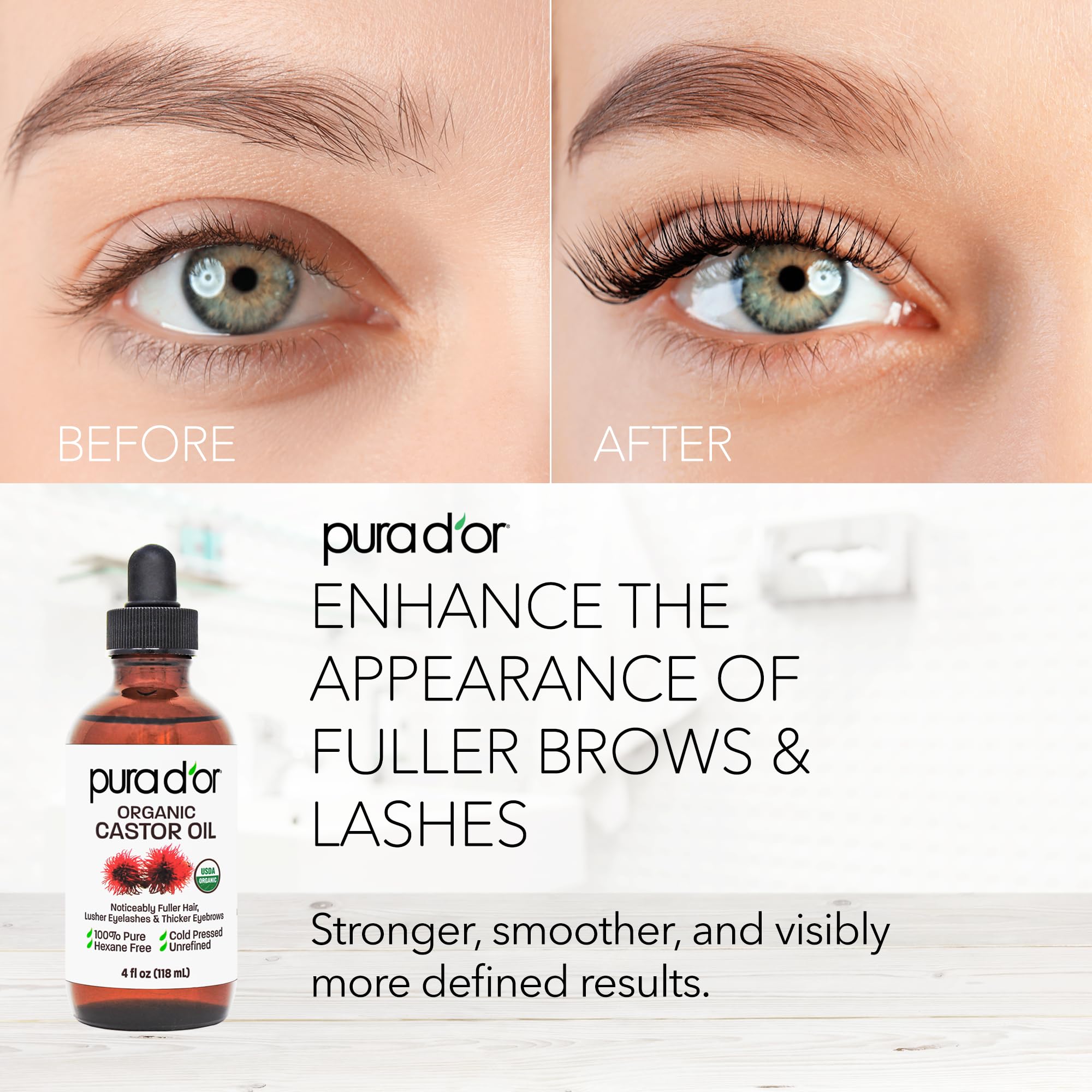 PURA D'OR Castor Oil hydrates facial and body skin for radiant texture.