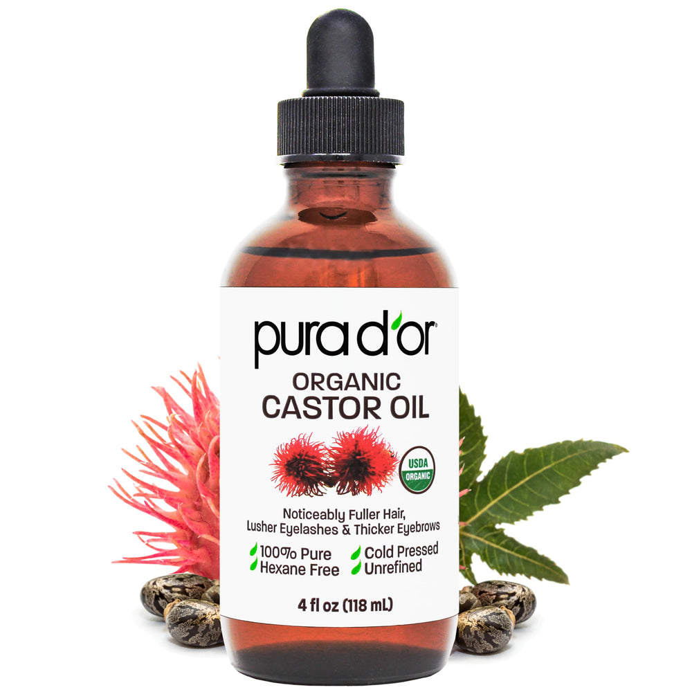 PURA D'OR Castor Oil conditions lashes and brows for fuller definition.