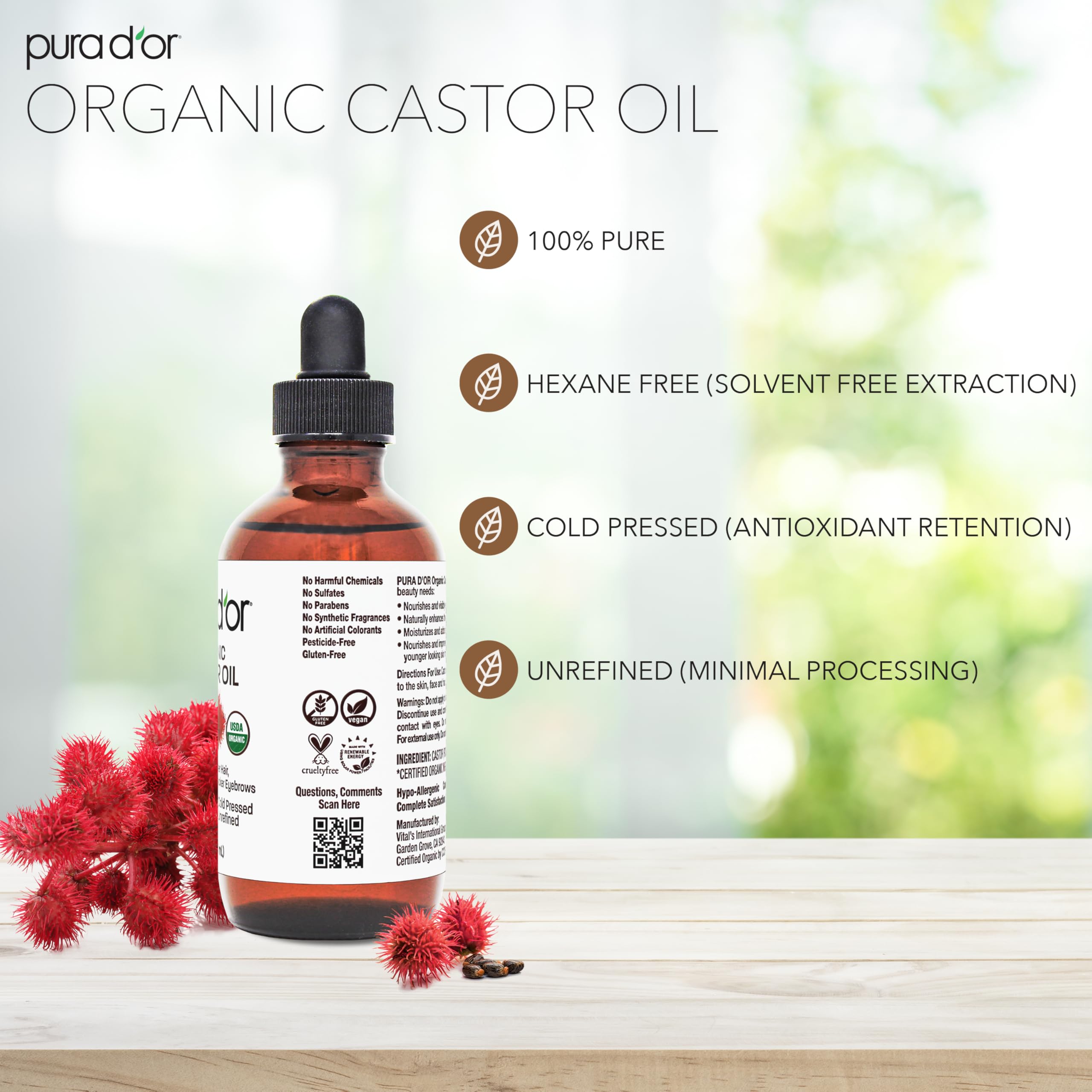 PURA D'OR Castor Oil packaging highlights organic certification and clean standards.