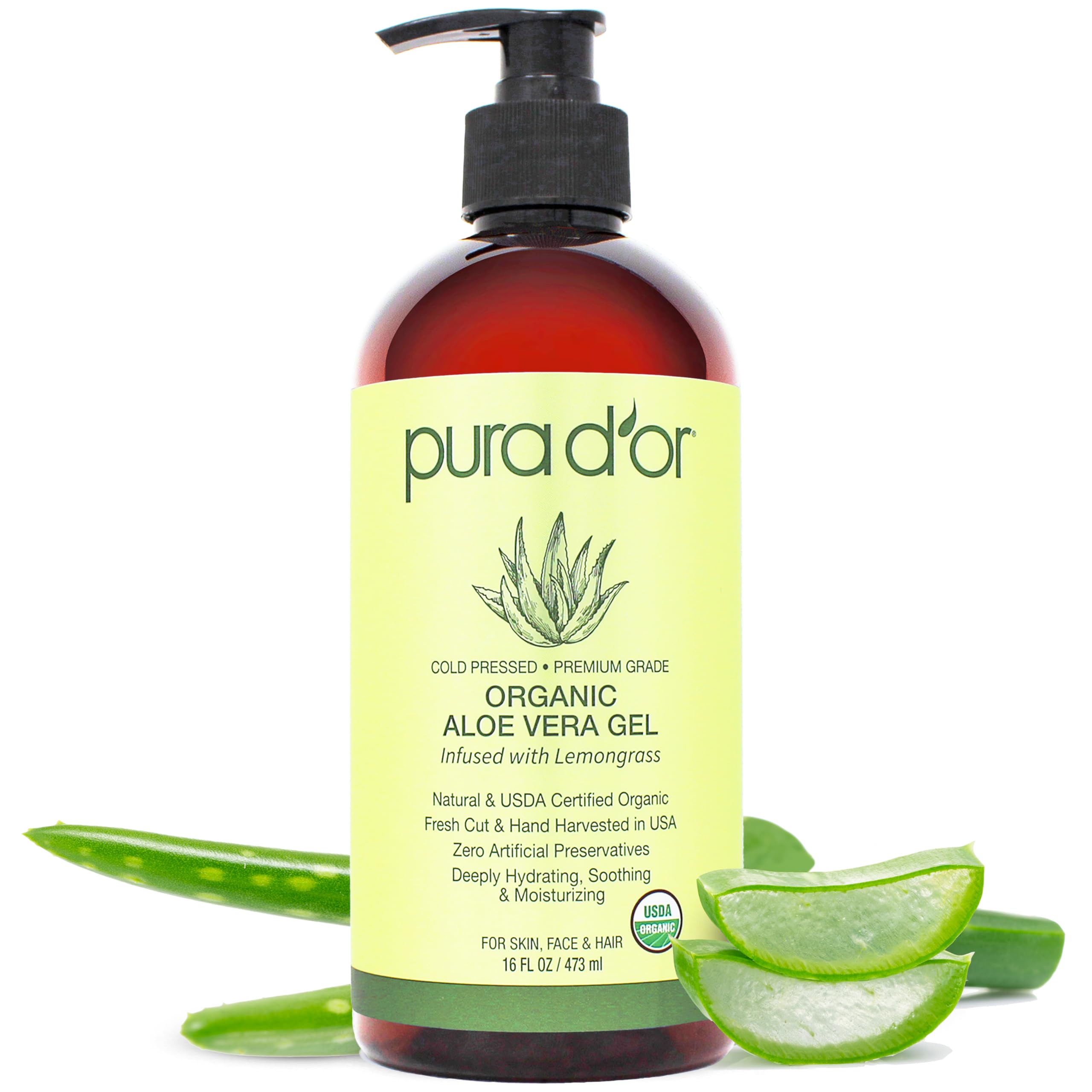 PURA D'OR aloe vera gel bottle provides skin and hair hydration.