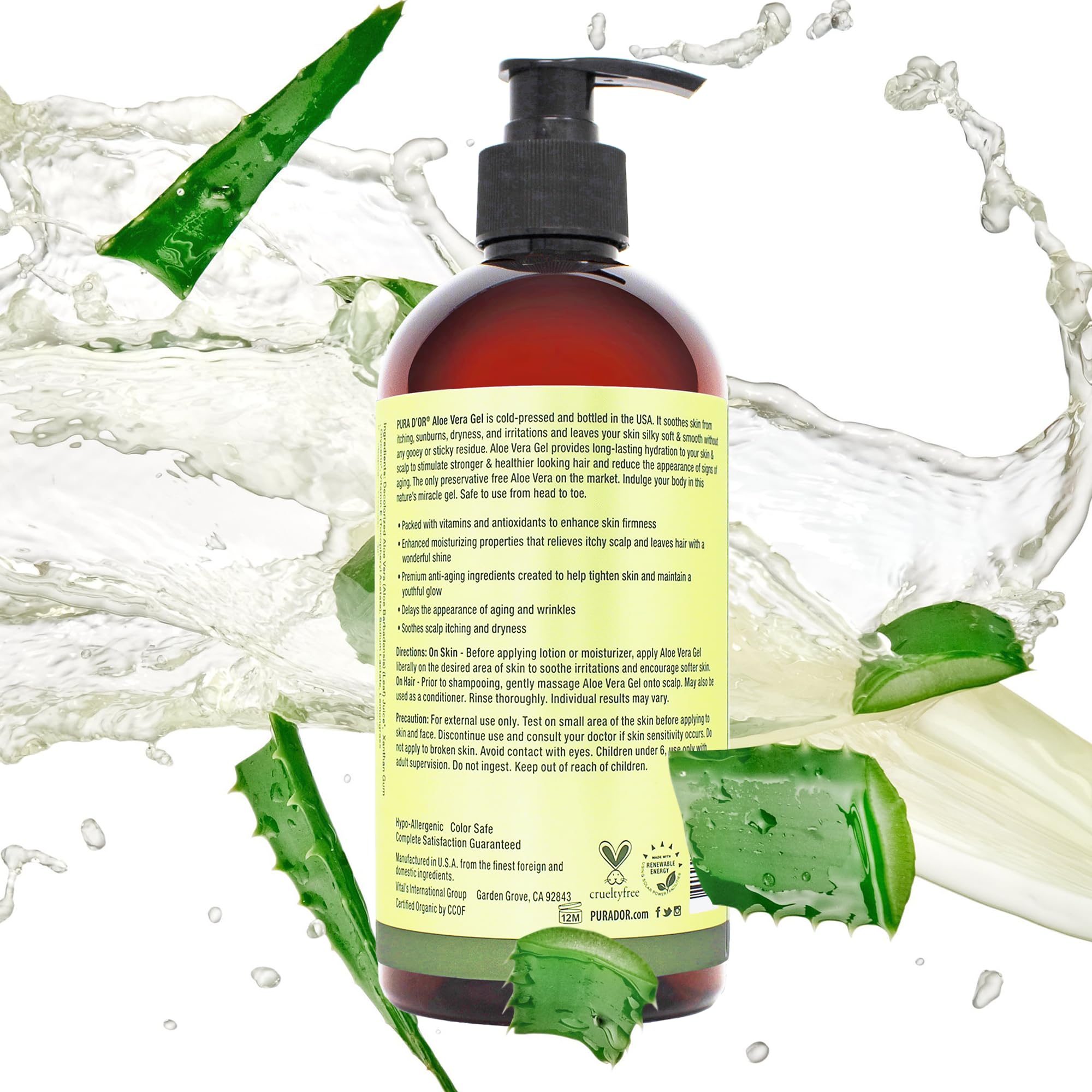 PURA D'OR aloe vera gel lemongrass aroma evokes refreshing skincare.