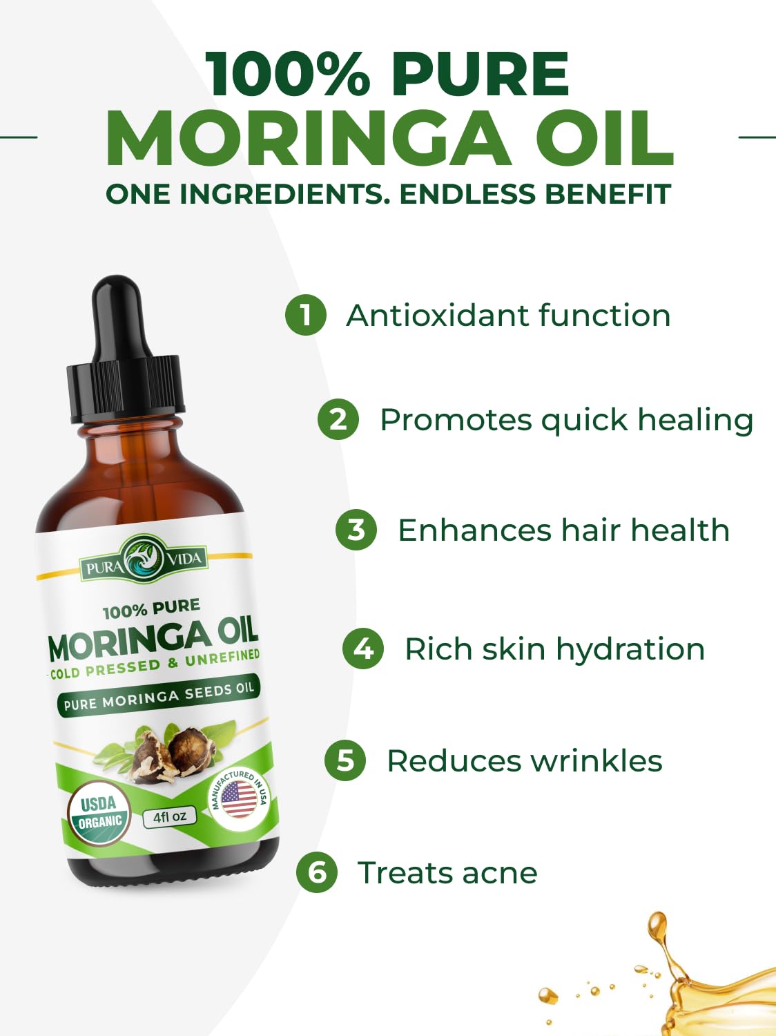 PURA VIDA MORINGA oil seeds open showing natural origin
