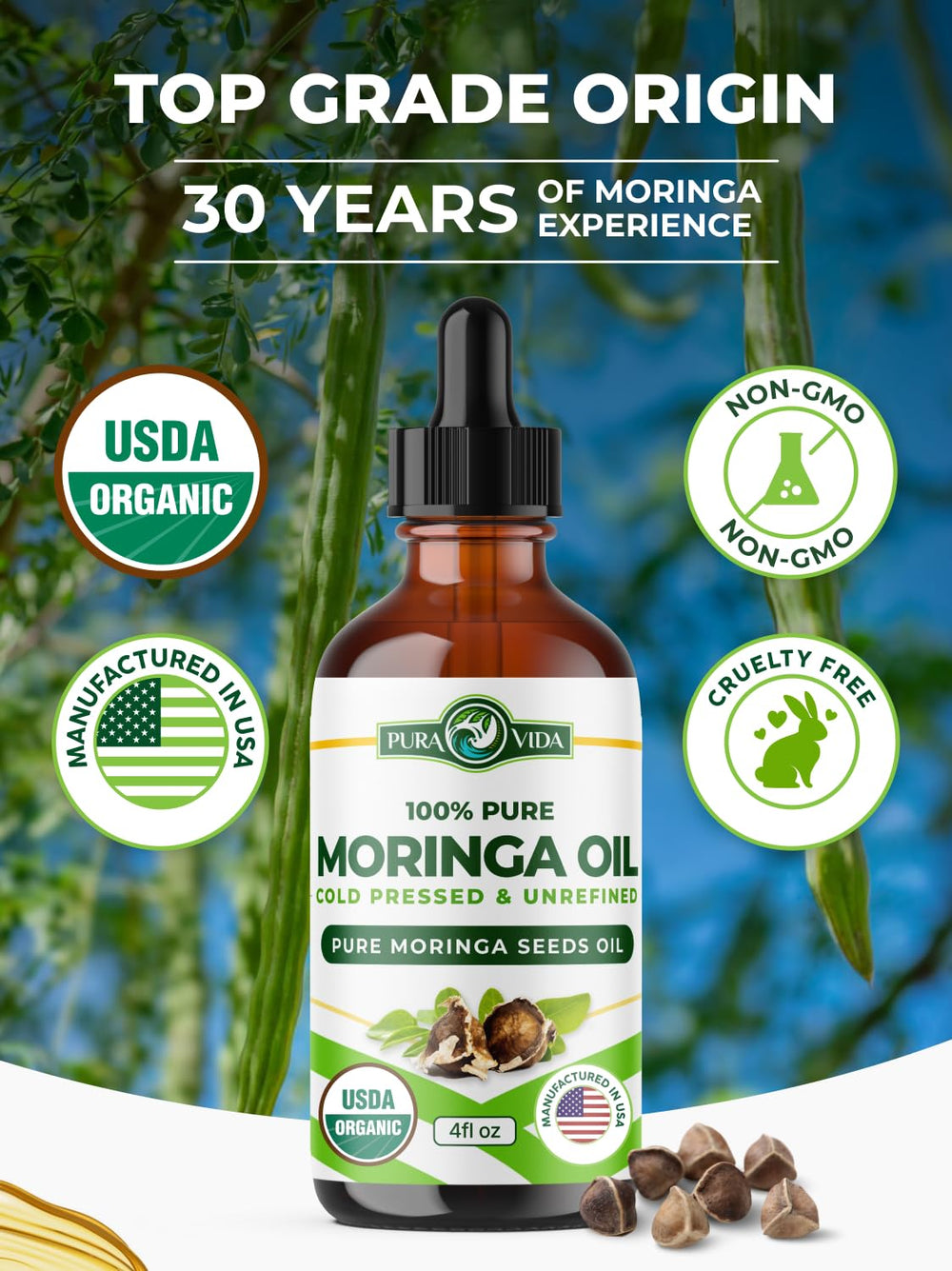 PURA VIDA MORINGA oil texture swirls for nourished skin and hair