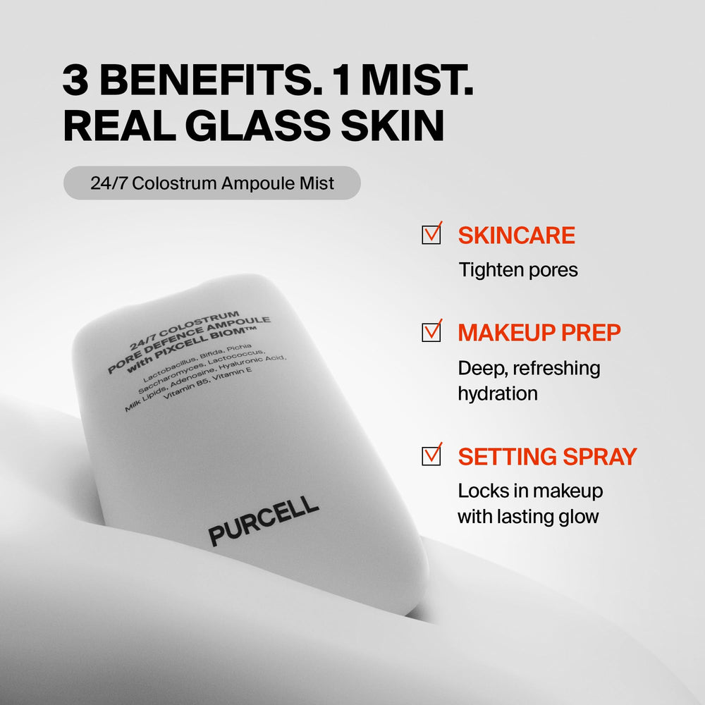 PurCELL 24/7 Colostrum Ampoule Mist pore-smoothing close-up showcases glass-skin effect