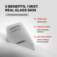 PurCELL 24/7 Colostrum Ampoule Mist pore-smoothing close-up showcases glass-skin effect