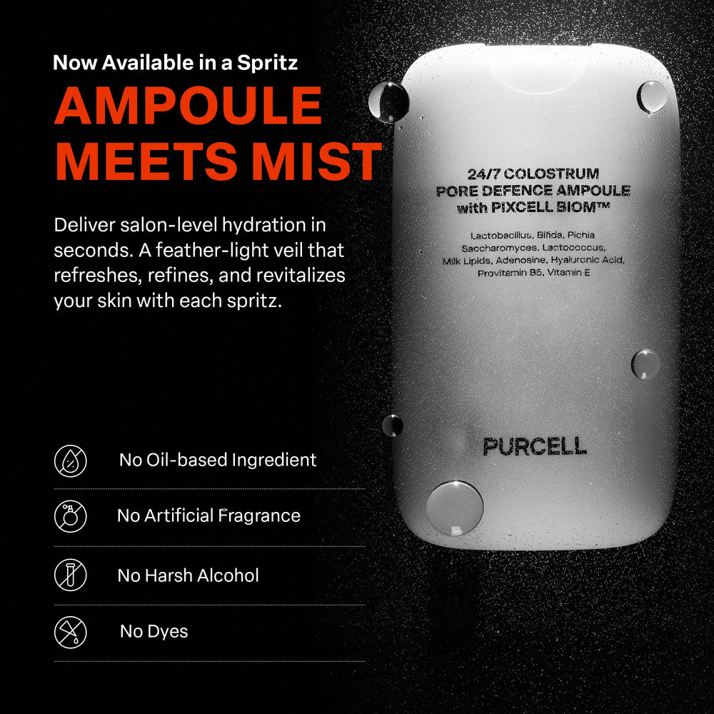 PurCELL 24/7 Colostrum Ampoule Mist ingredients closeup highlights colostrum and hyaluronic acid.