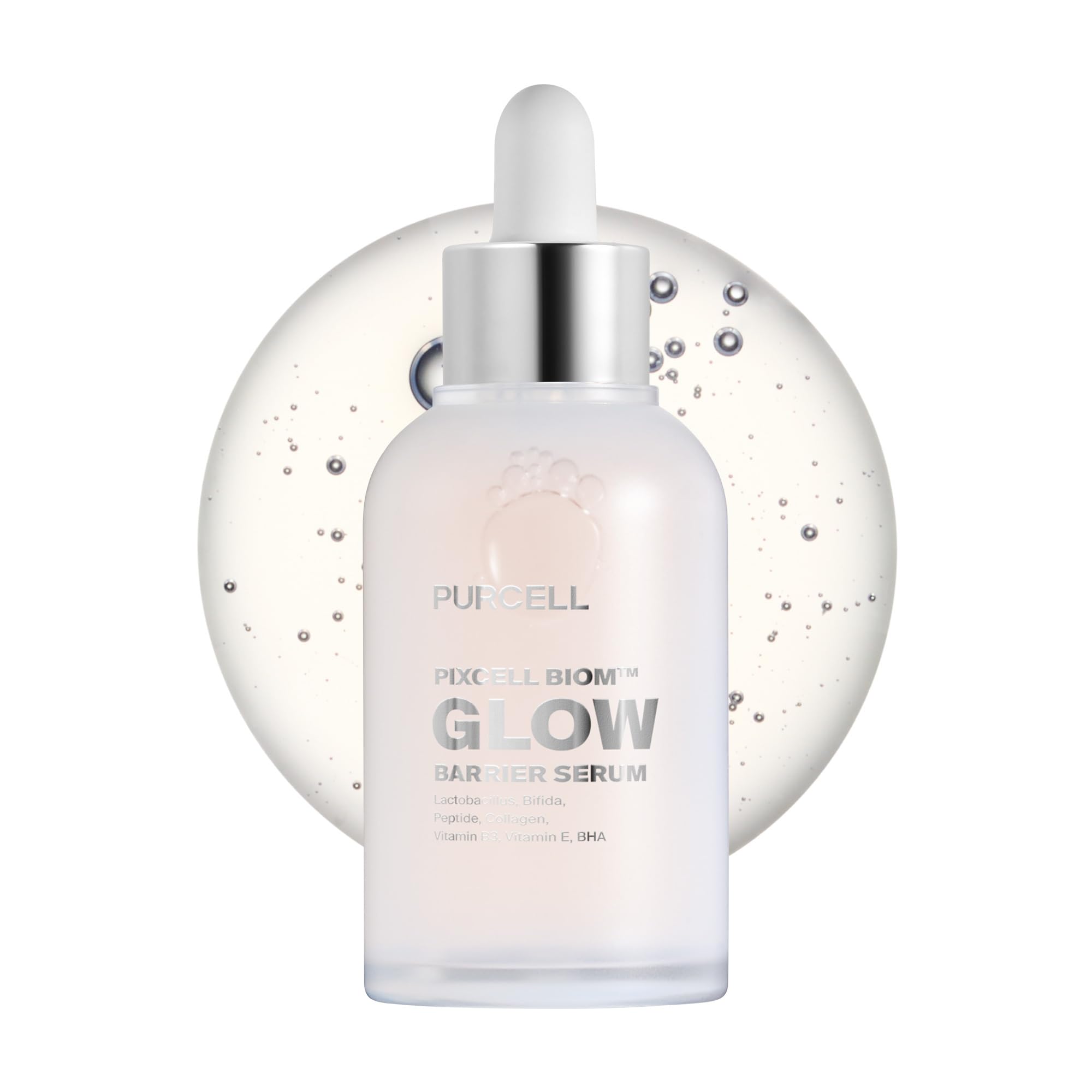 PURCELL PIXCELL BIOM Glow bottle shows a silky serum for radiant, hydrated skin