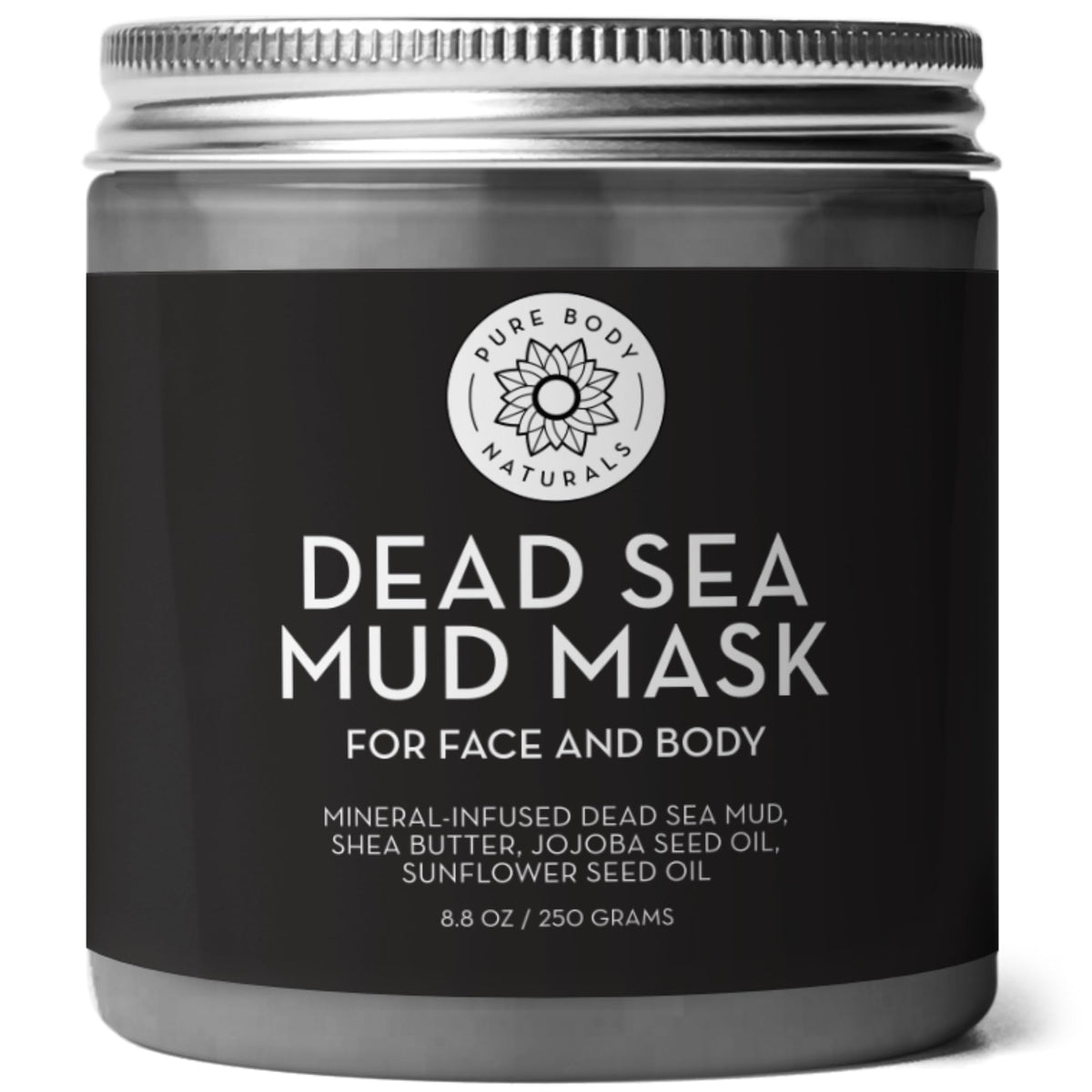 Pure Body Naturals Dead Sea Mud Mask jar close-up for clearer pores.