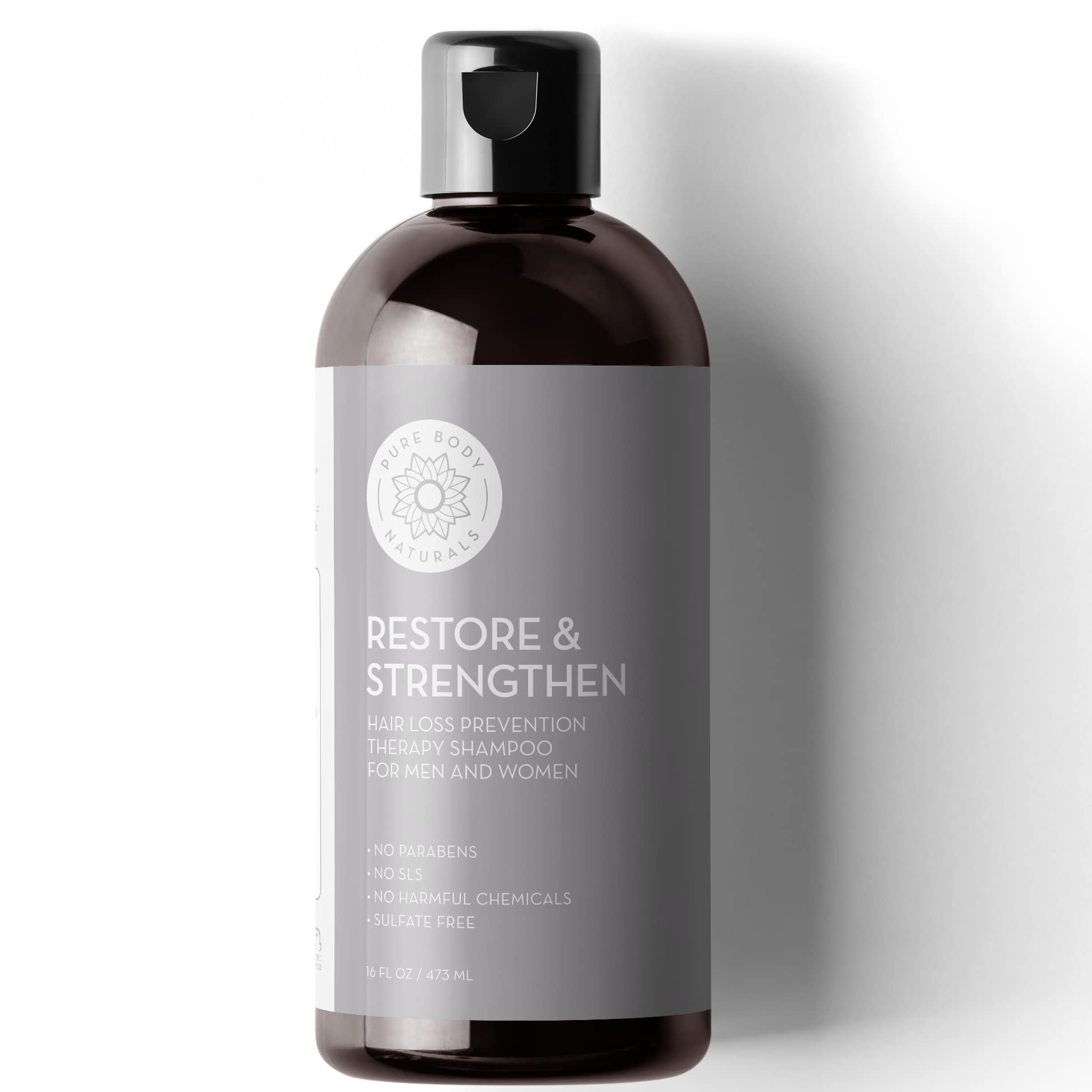 Pure Body Naturals Hair Loss Shampoo bottle, 16oz, ideal for ongoing thinning-hair routine.