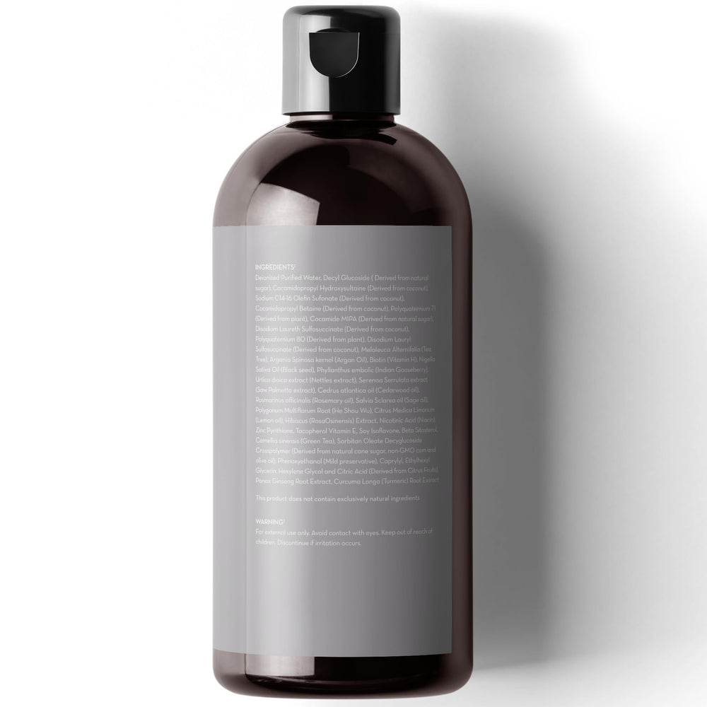 Pure Body Naturals Hair Loss Shampoo rinsing scene showing hair and water stream.