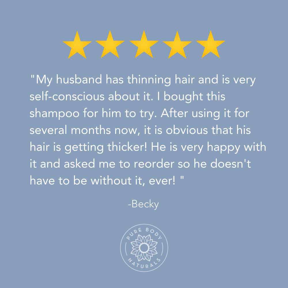 Pure Body Naturals Hair Loss Shampoo scalp-massage shot highlights soothing application for healthier-looking hair.
