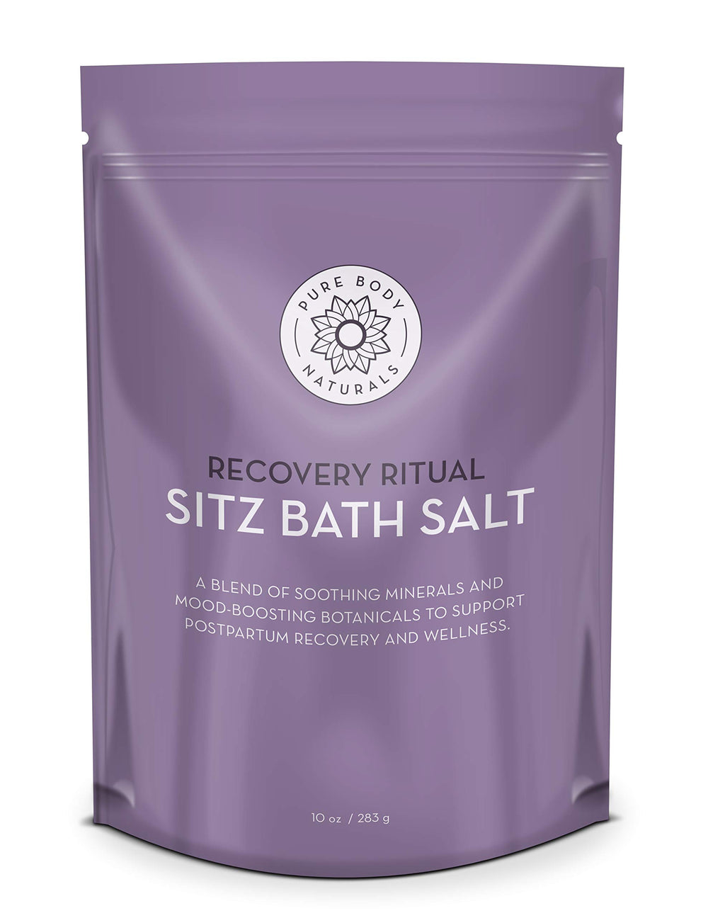 Pure Body Naturals Sitz Bath Salt bottle for postpartum comfort and hemorrhoid relief.