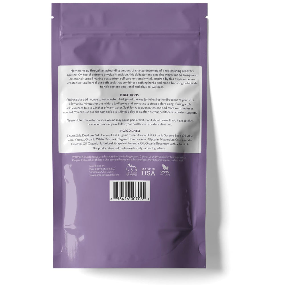 Pure Body Naturals Sitz Bath Salt ingredients highlight a natural blend for post-use refreshment.
