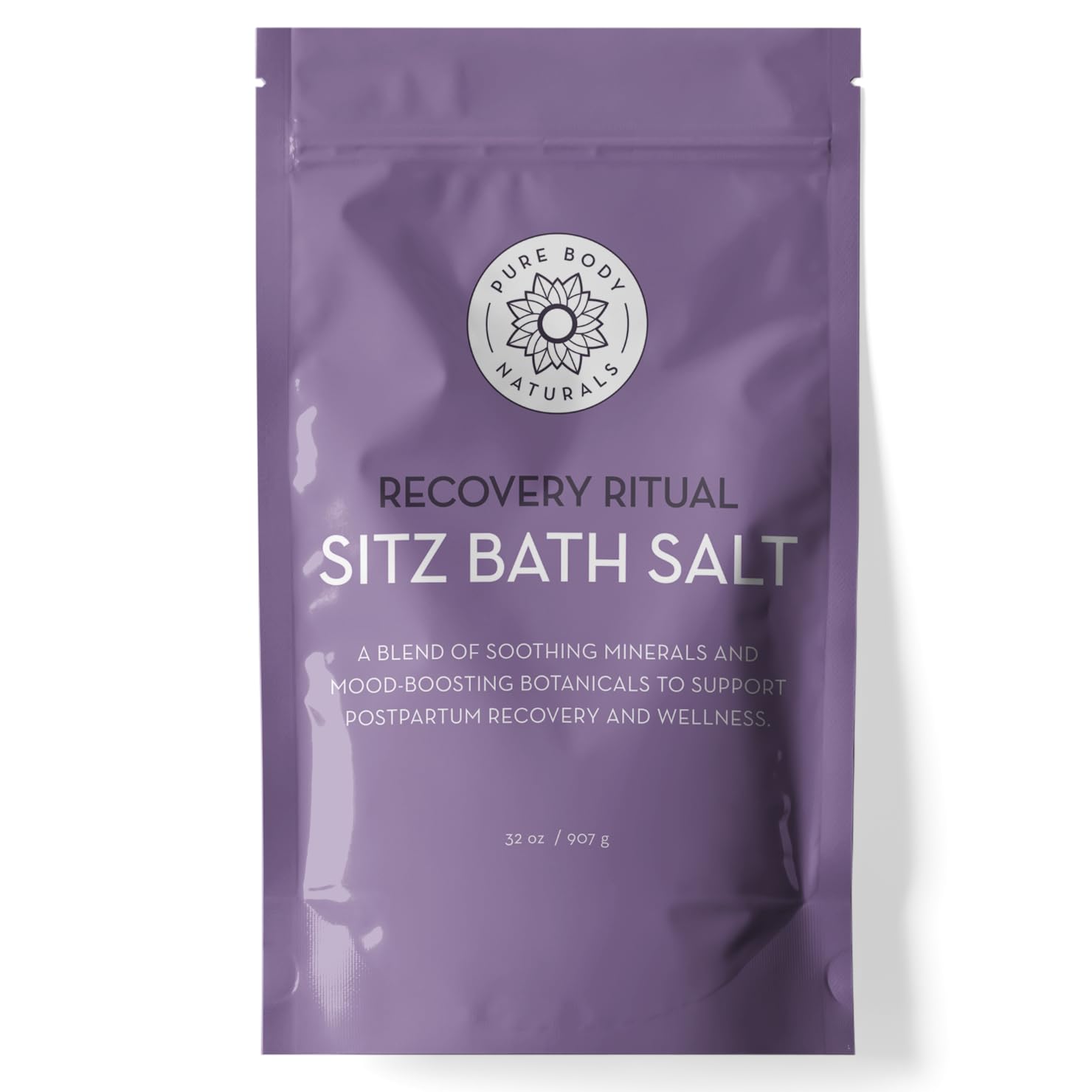 Pure Body Naturals sitz bath salt jar illustrates soothing postpartum comfort and muscle relief.