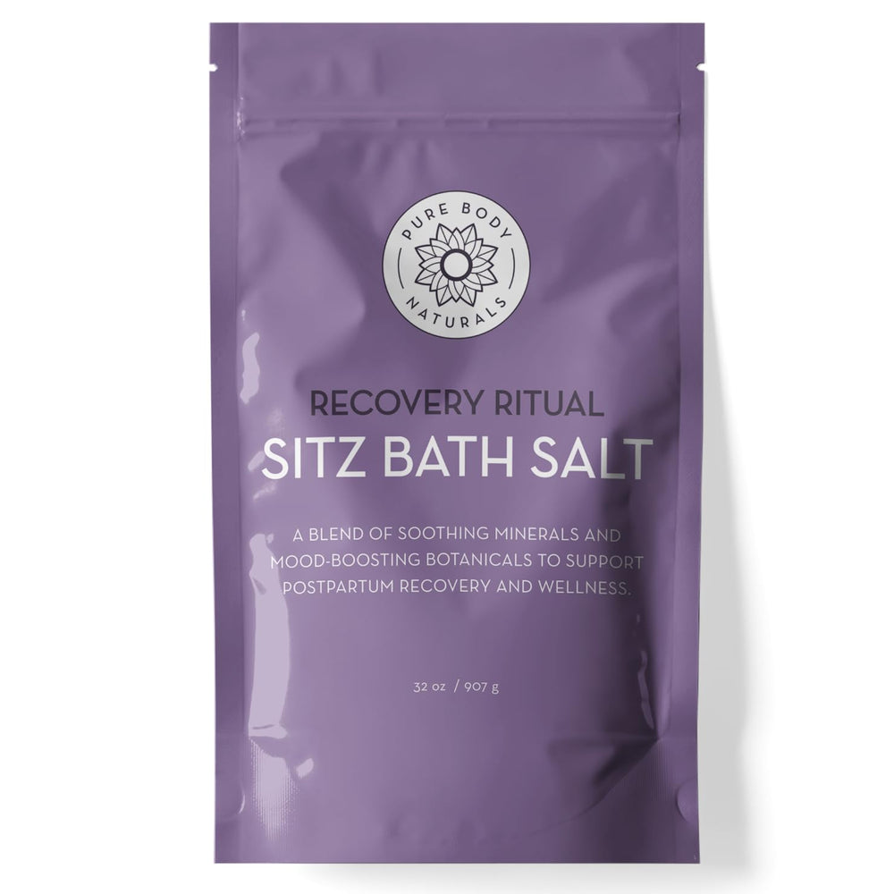 Pure Body Naturals sitz bath salt jar illustrates soothing postpartum comfort and muscle relief.