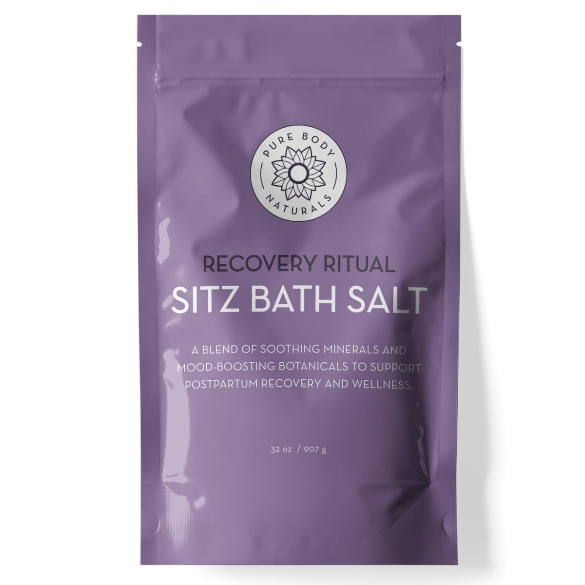 Pure Body Naturals sitz bath salt jar illustrates soothing postpartum comfort and muscle relief.