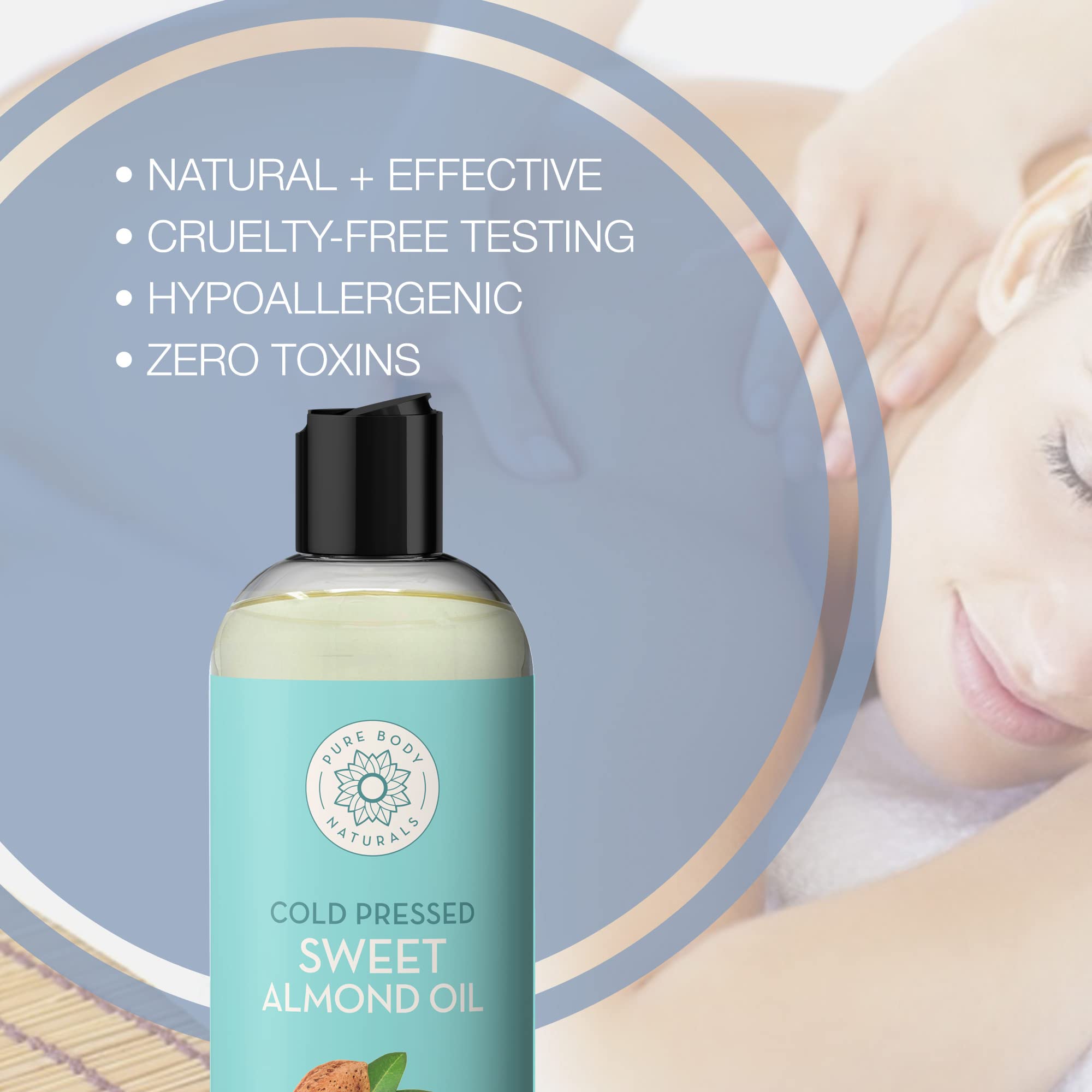Pure Body Naturals Sweet Almond Oil ingredients card notes vitamin-rich formula for skin and hair