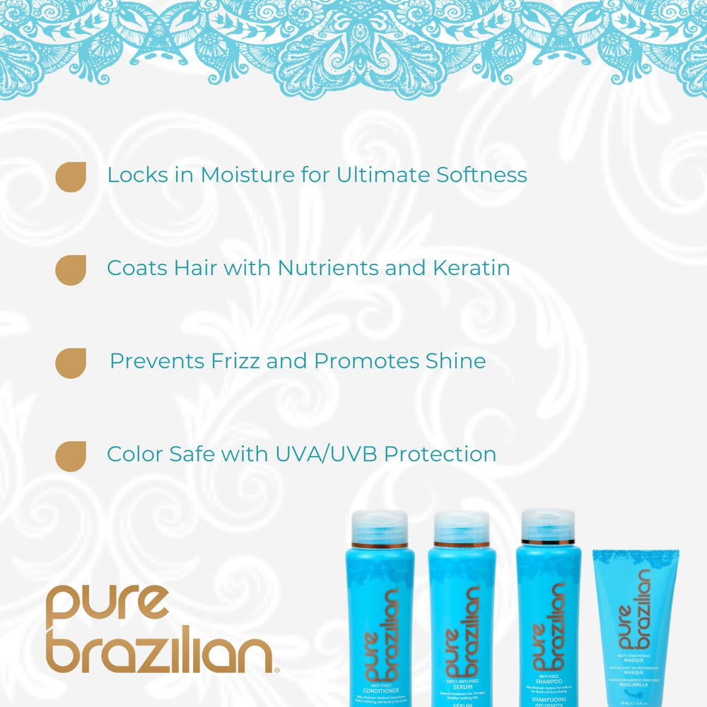 Pure Brazilian anti-frizz conditioner bottle delivering smoothness for easier styling.