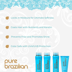 Pure Brazilian anti-frizz conditioner bottle delivering smoothness for easier styling.