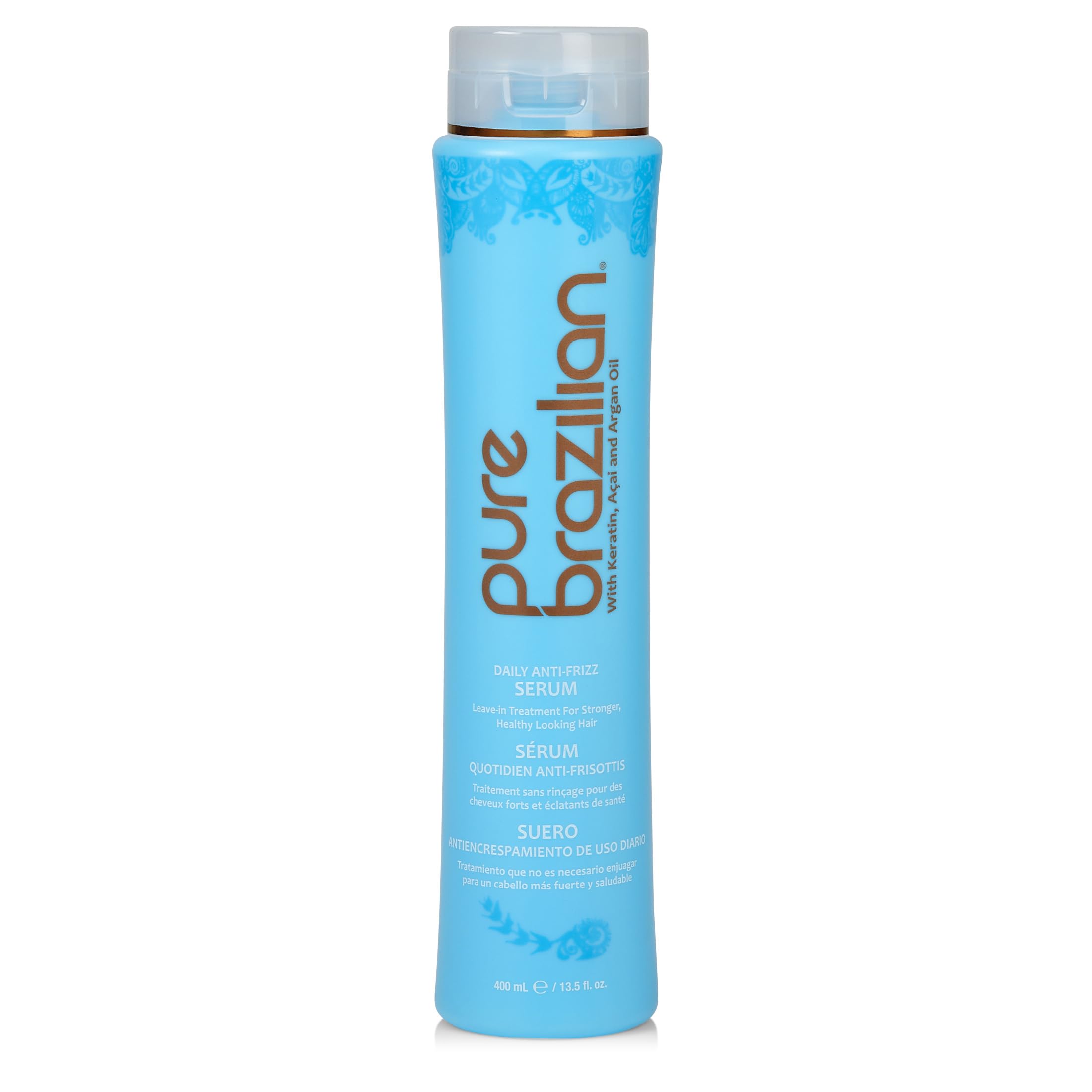 Pure Brazilian anti-frizz leave-in serum bottle with heat protection and shine.