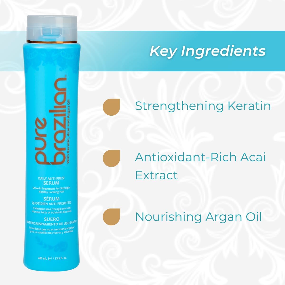 Pure Brazilian anti-frizz serum on hair strands for smooth styling.